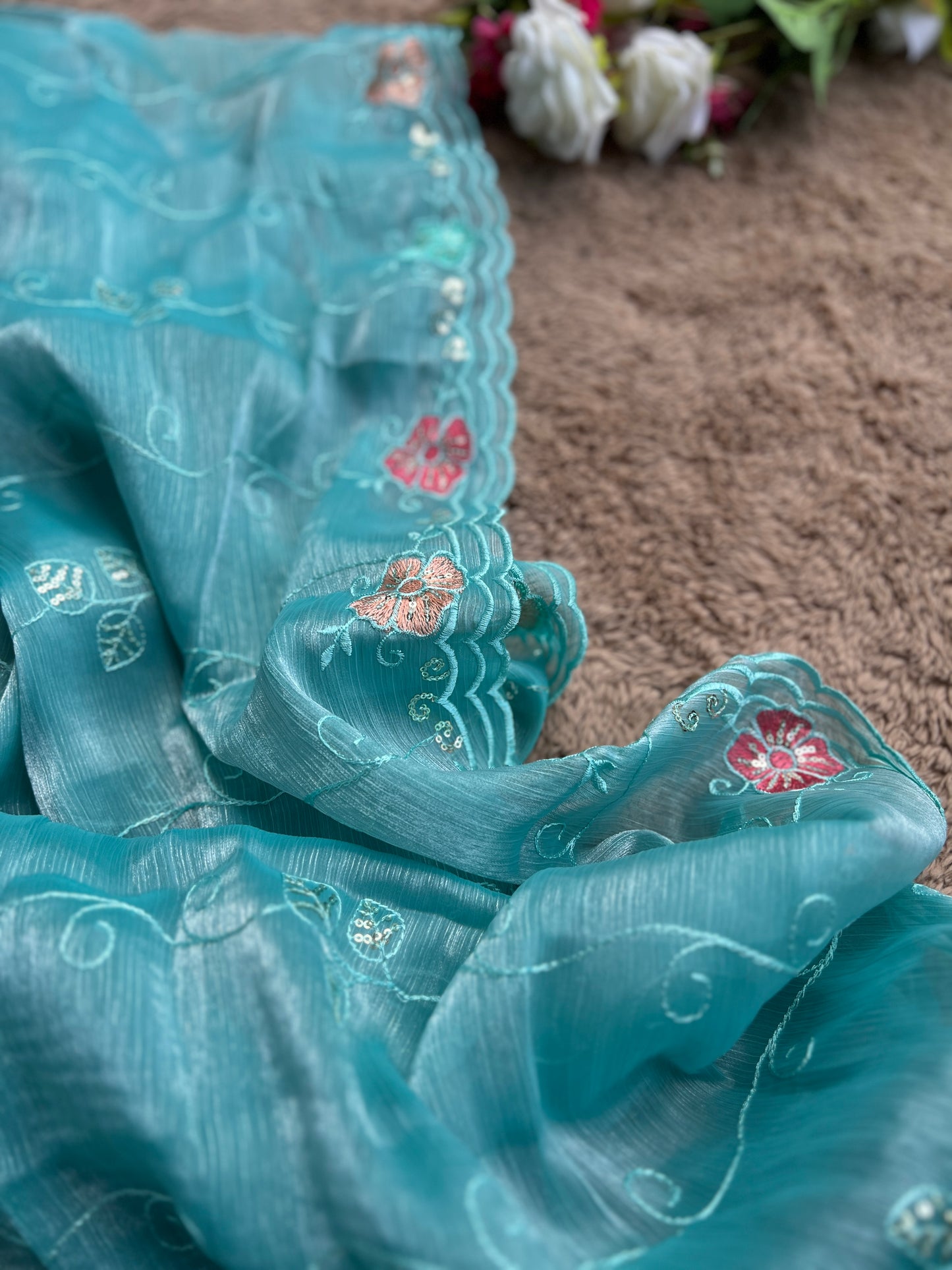 Aqua Blue Crushed Shimmer Tissue Suit with Floral Embroidery