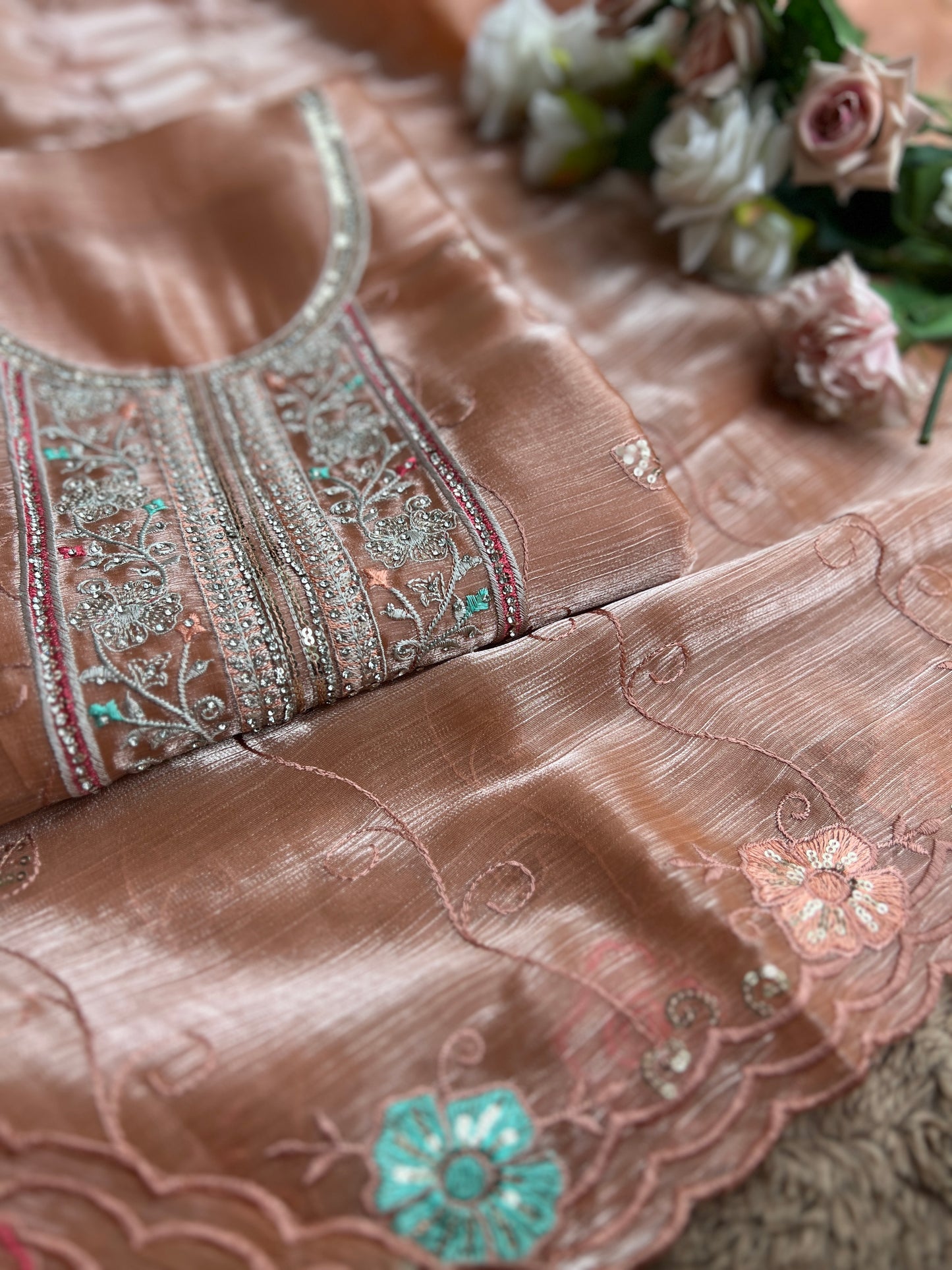 Peach Crushed Shimmer Tissue Suit with Floral Embroidery
