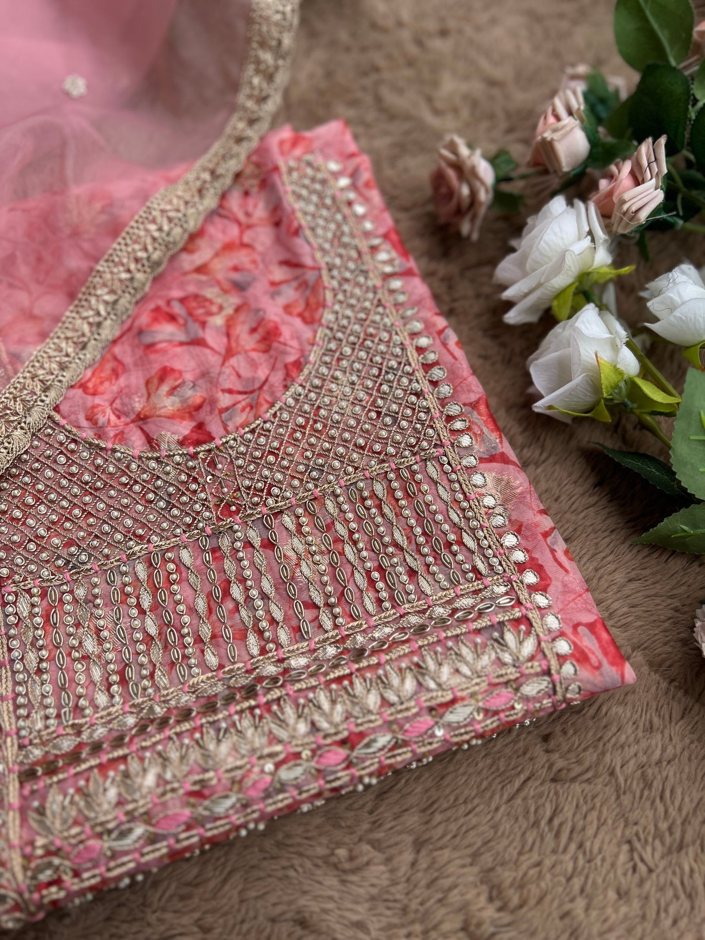 Pink Organza Handwork Salwar Suit