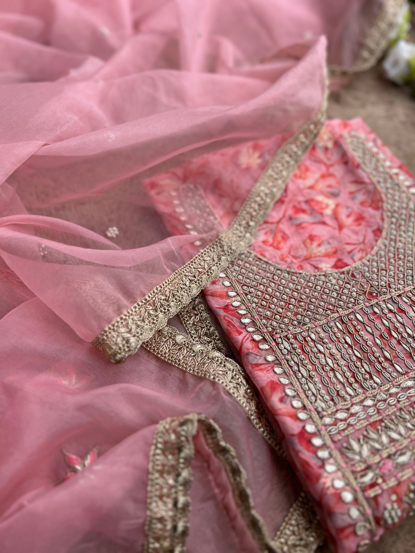 Pink Organza Handwork Salwar Suit