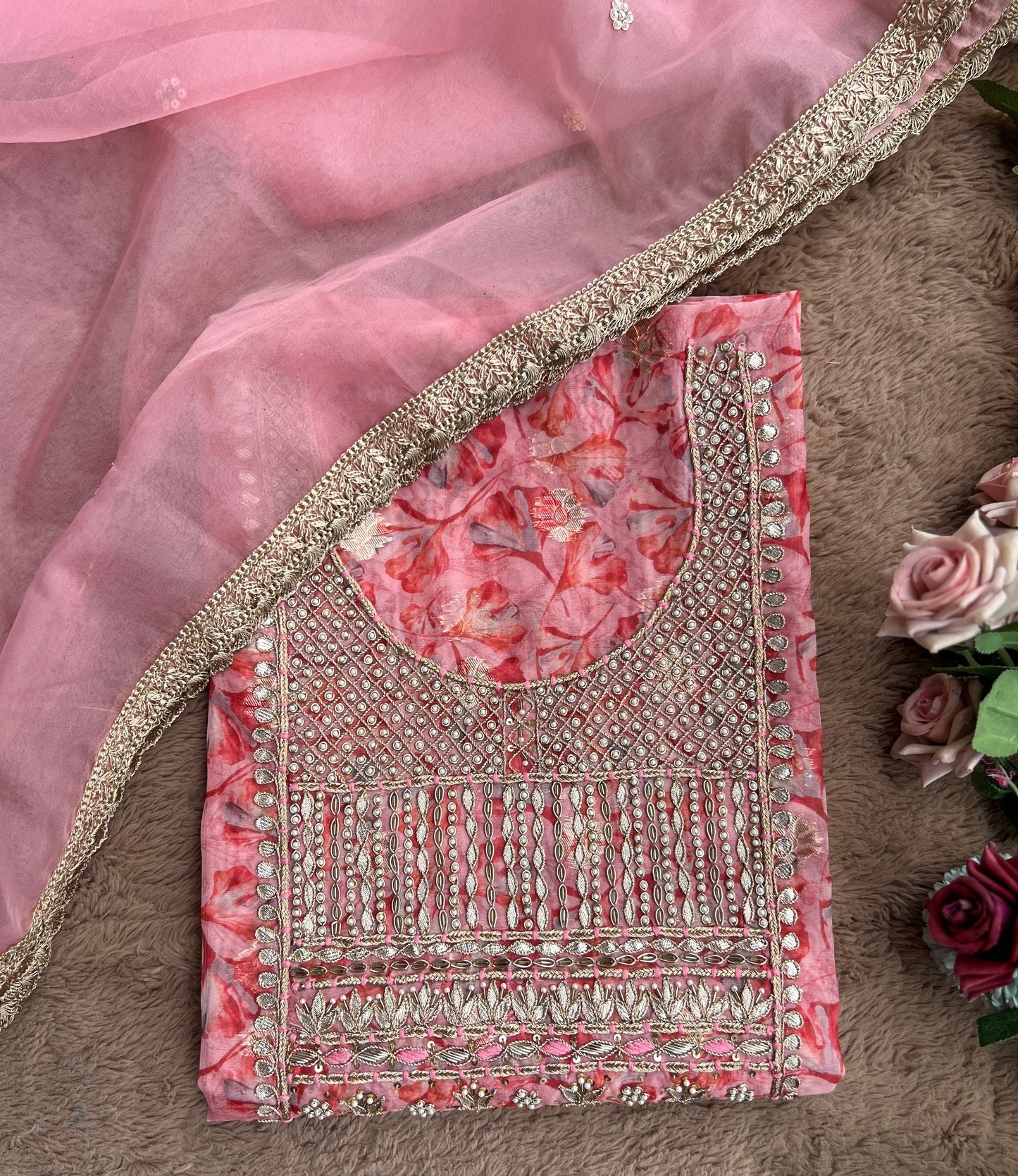 Pink Organza Handwork Salwar Suit