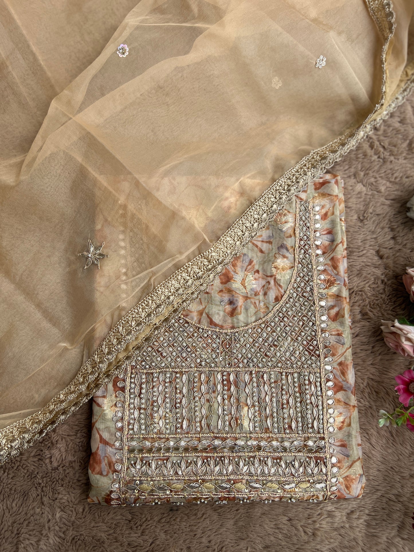 Greenish-Golden Organza Handwork Salwar suit