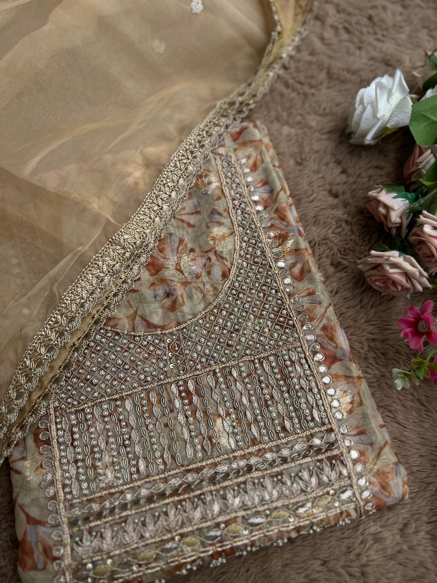 Greenish-Golden Organza Handwork Salwar suit