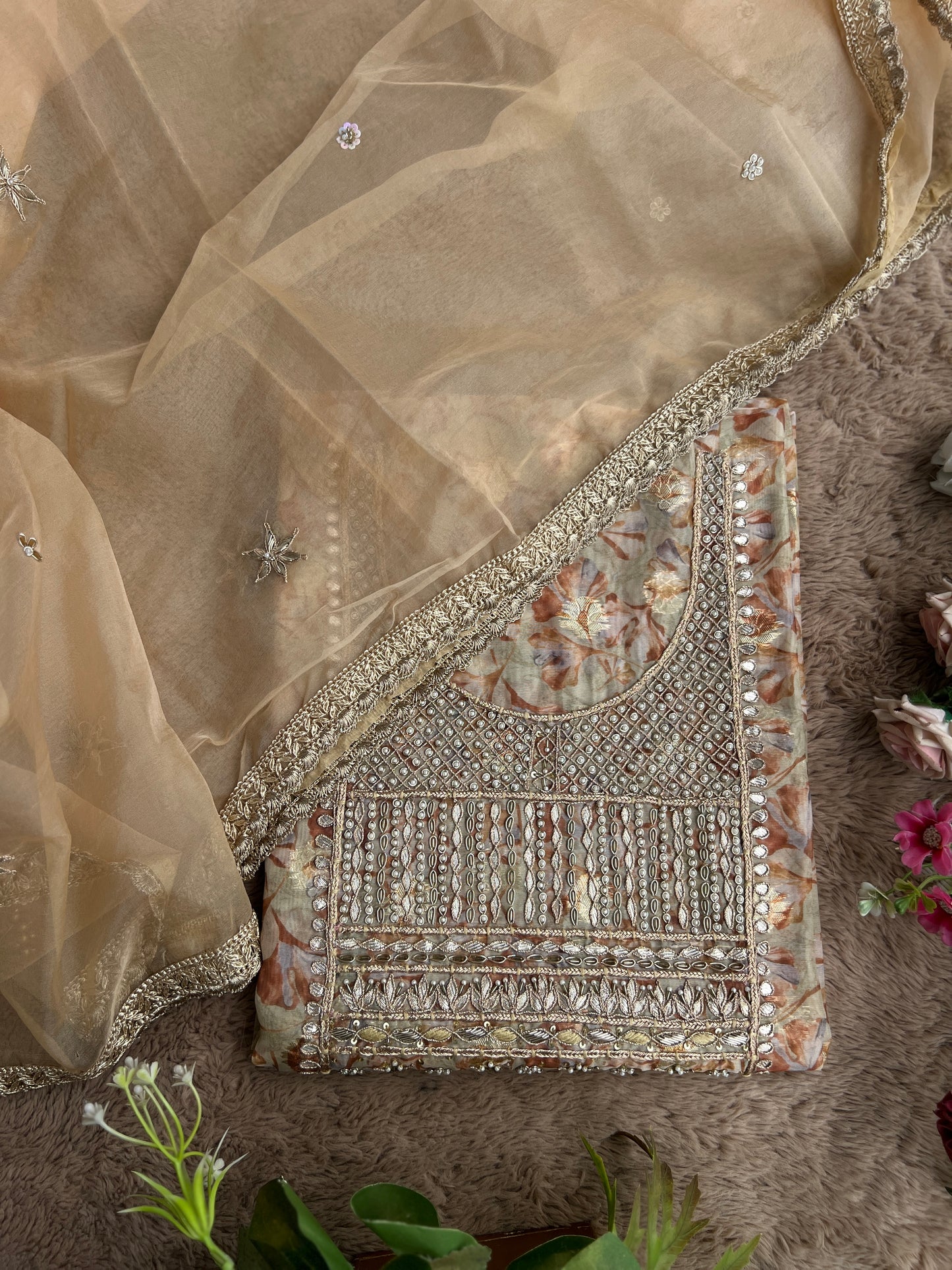 Greenish-Golden Organza Handwork Salwar suit