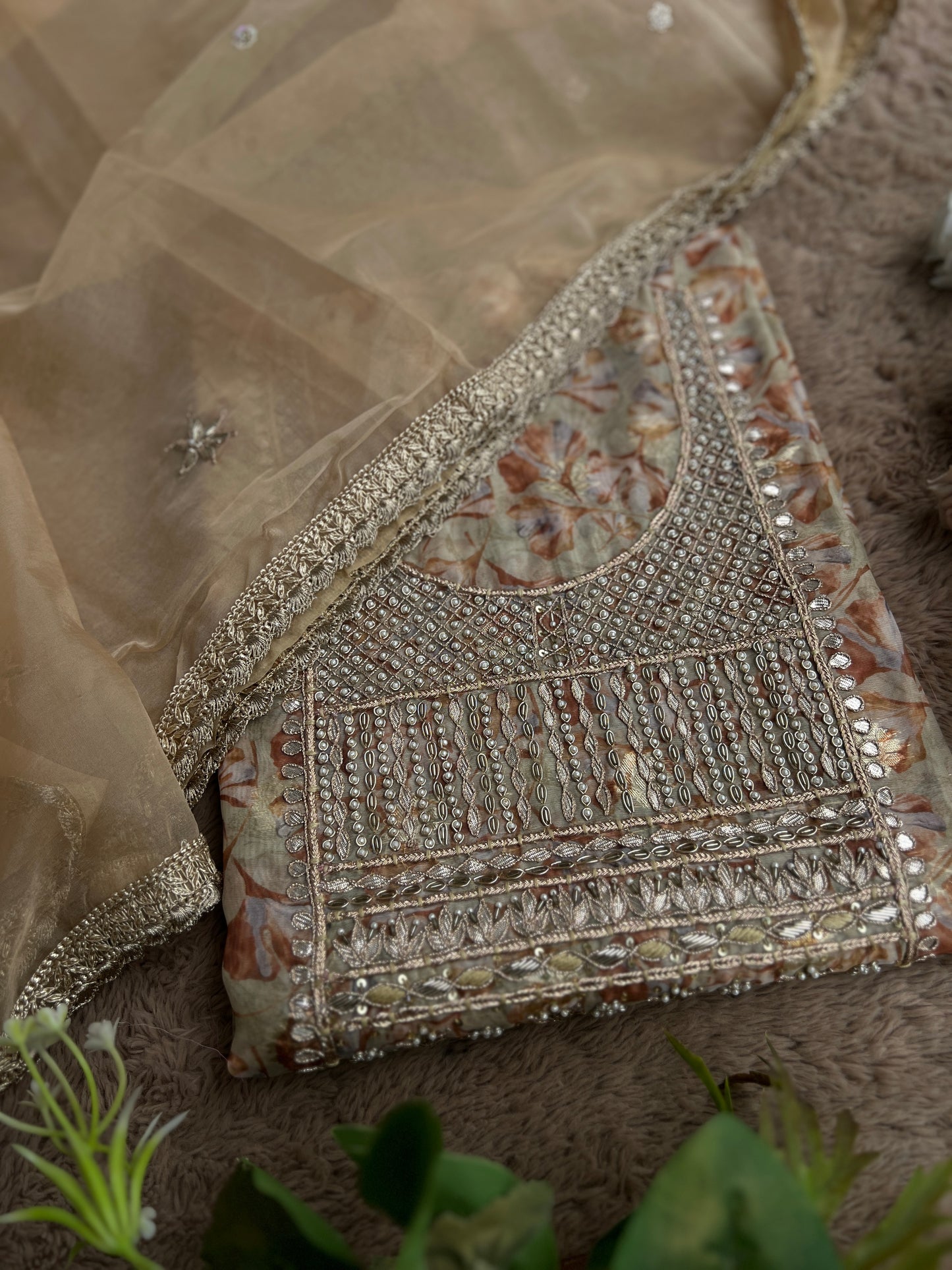Greenish-Golden Organza Handwork Salwar suit