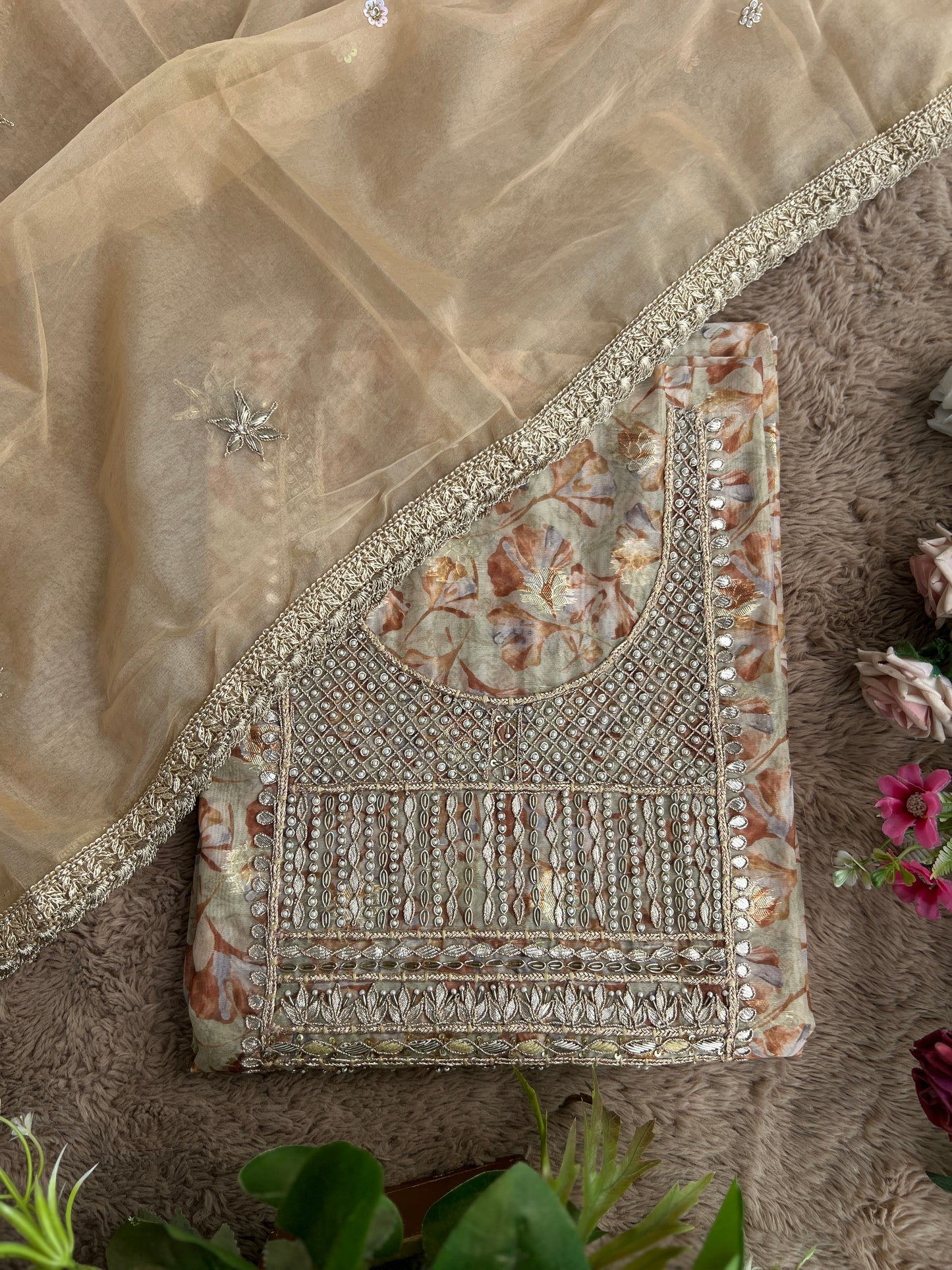 Greenish-Golden Organza Handwork Salwar suit