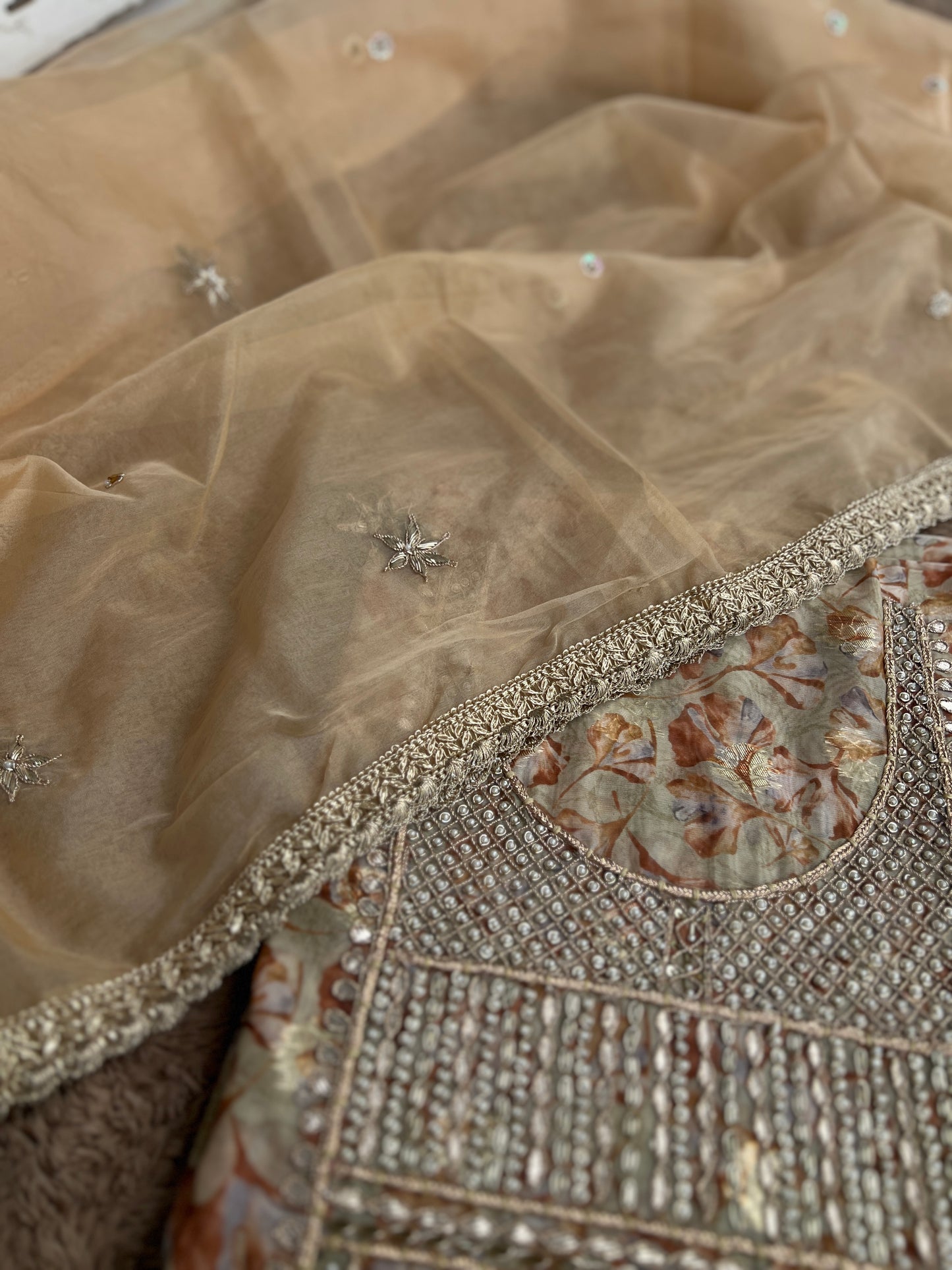 Greenish-Golden Organza Handwork Salwar suit