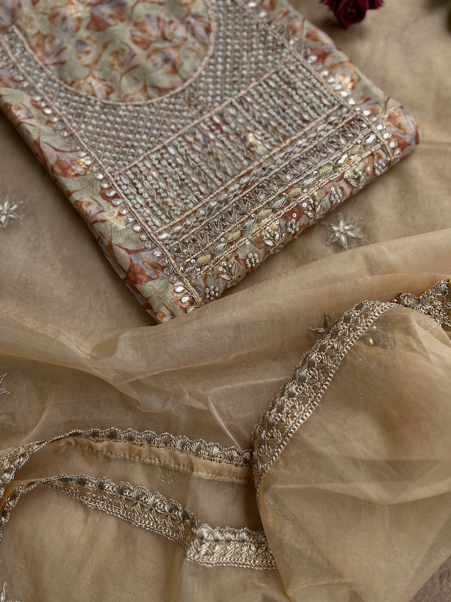 Greenish-Golden Organza Handwork Salwar suit
