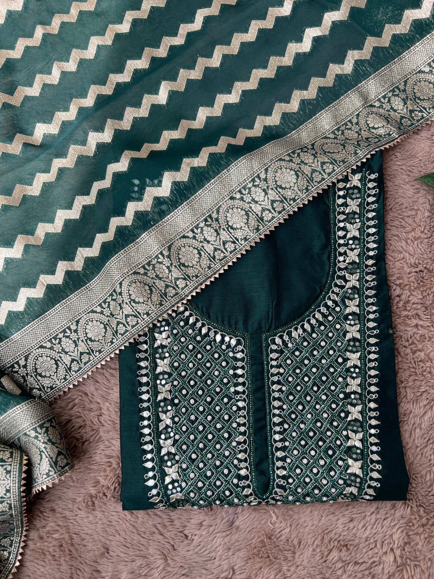 Elegant Emerald Chanderi Silk Suit with Tissue Banarasi Dupatta