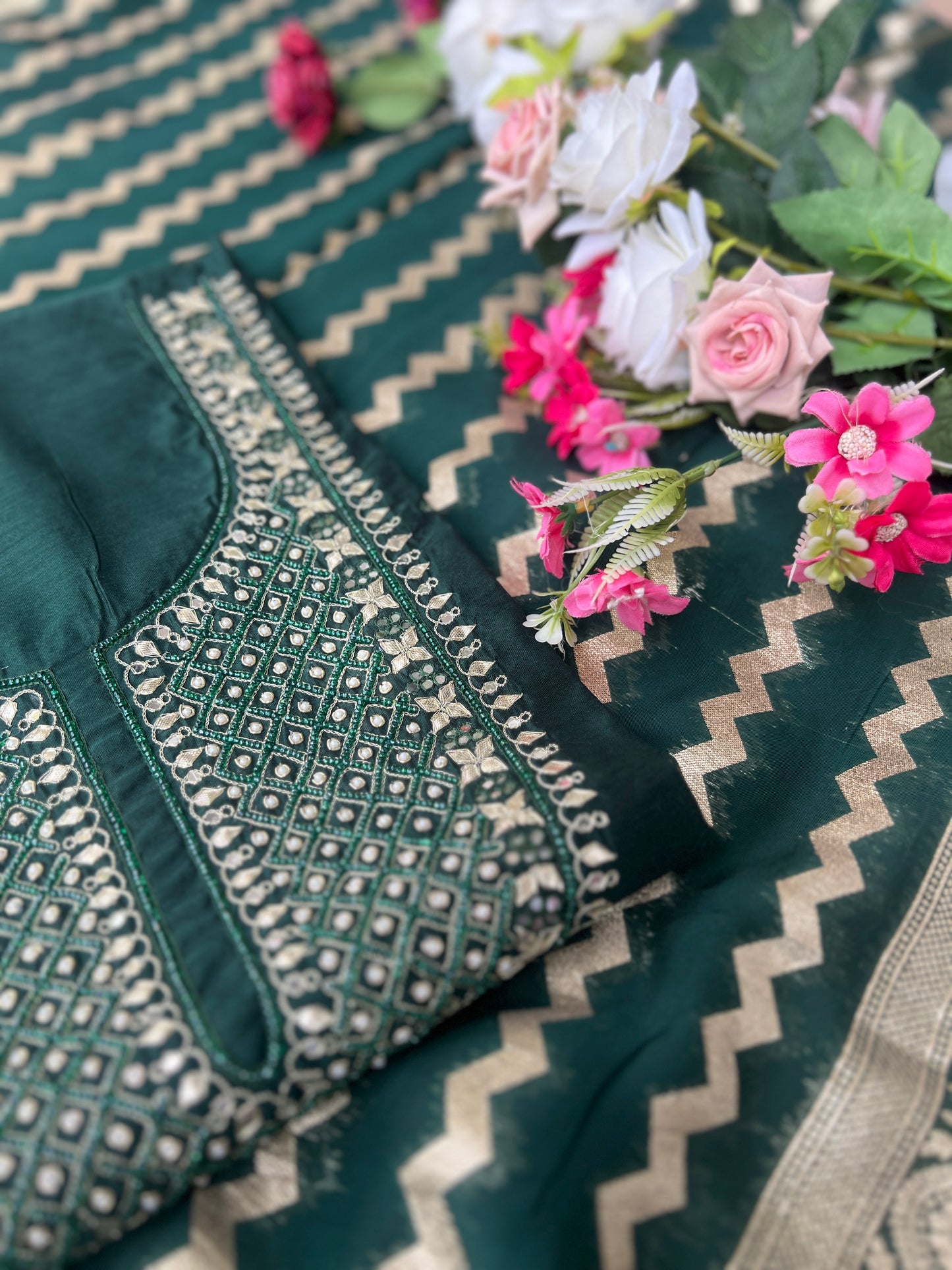 Elegant Emerald Chanderi Silk Suit with Tissue Banarasi Dupatta