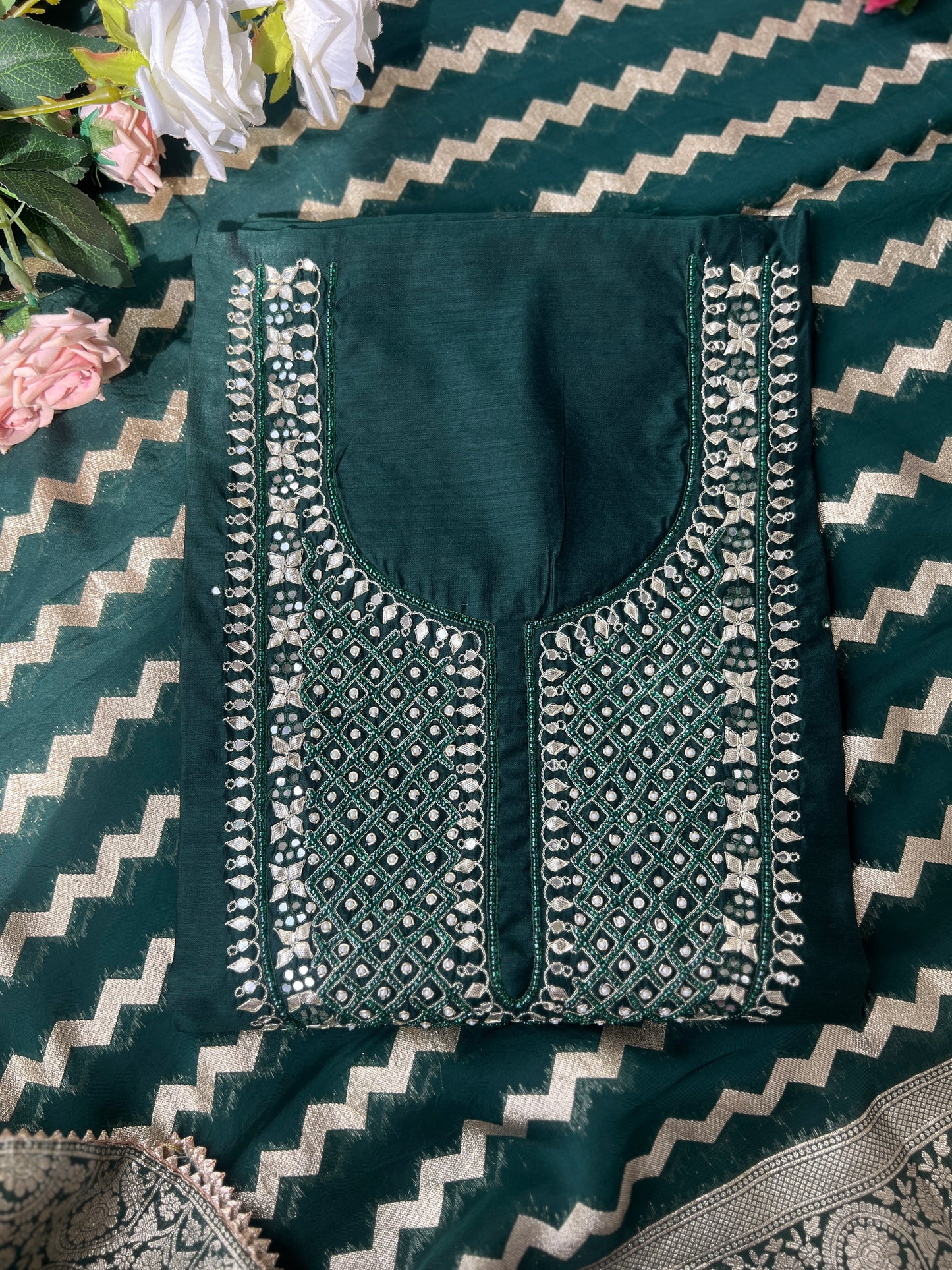 Elegant Emerald Chanderi Silk Suit with Tissue Banarasi Dupatta