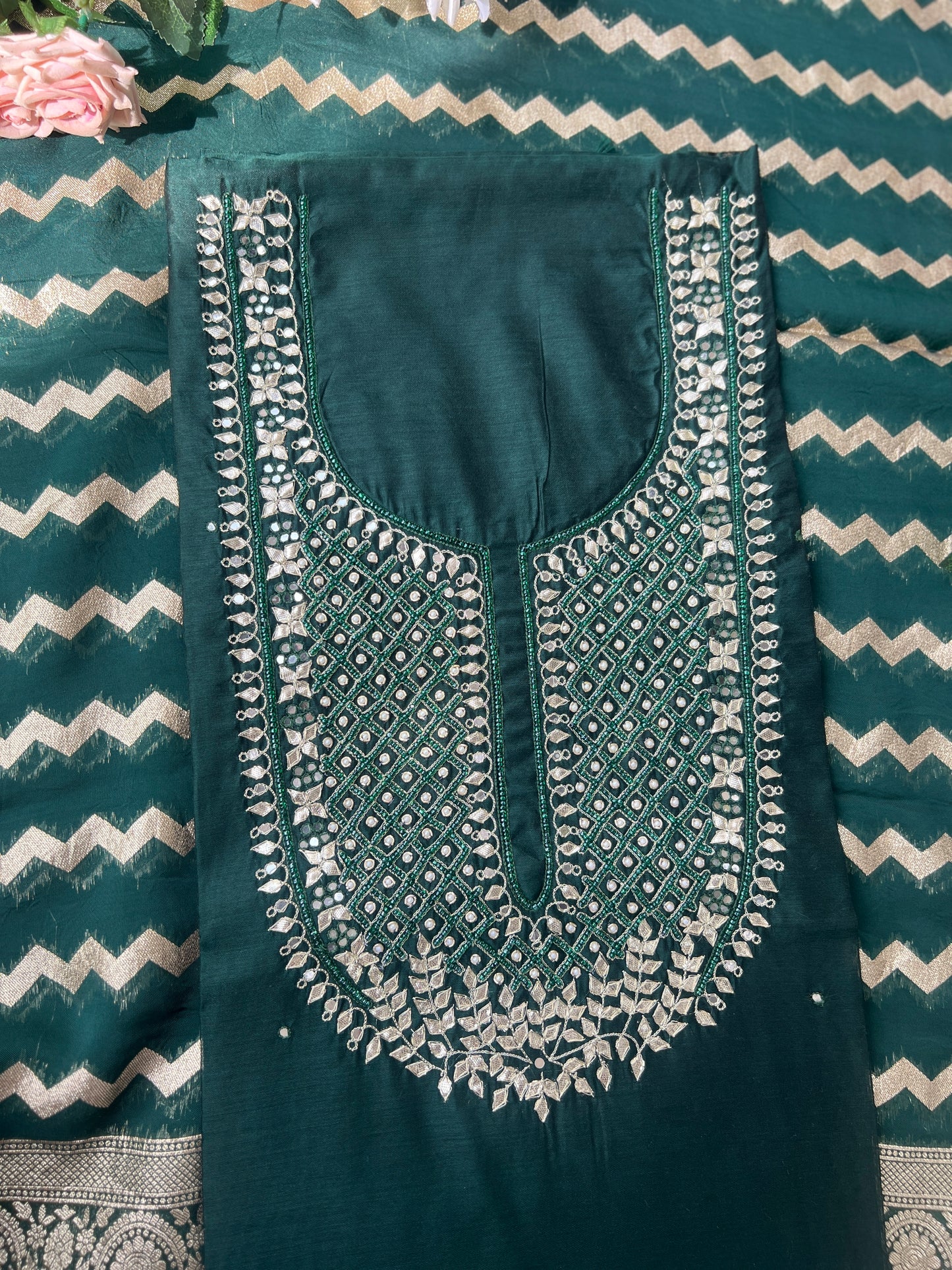 Elegant Emerald Chanderi Silk Suit with Tissue Banarasi Dupatta