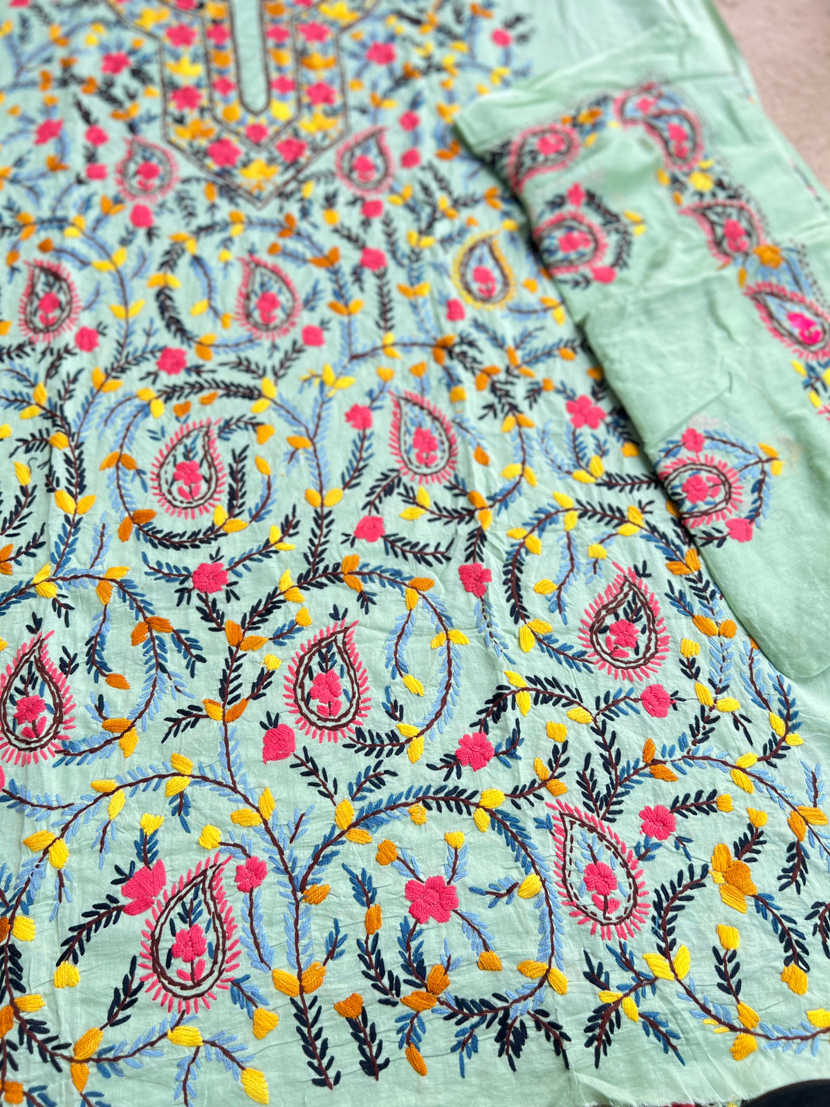 Mint Blue Multicolor Thread Embroidered Suit