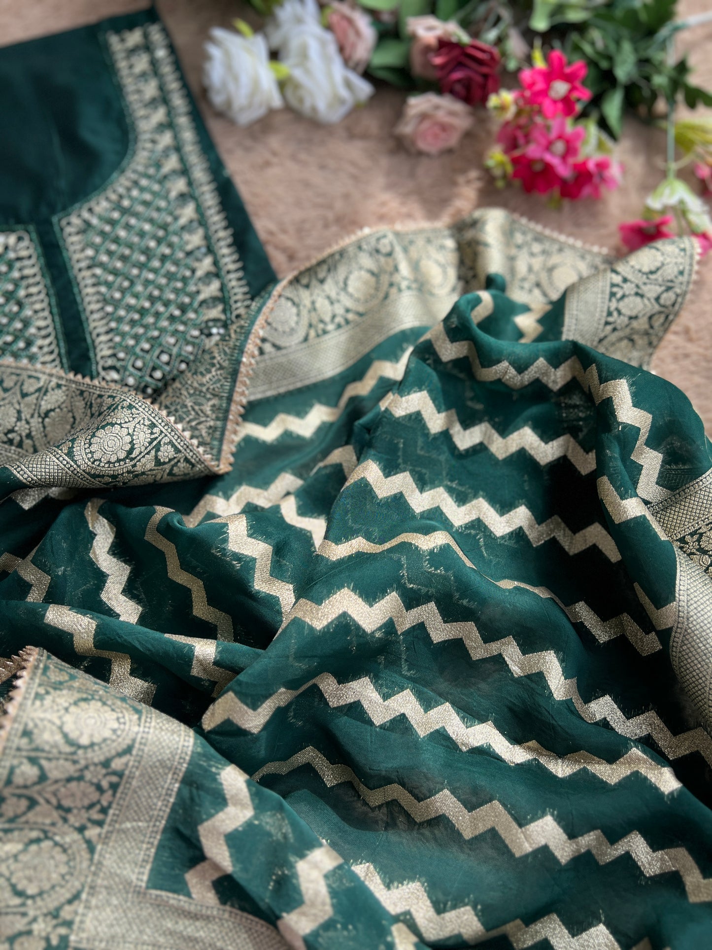 Elegant Emerald Chanderi Silk Suit with Tissue Banarasi Dupatta