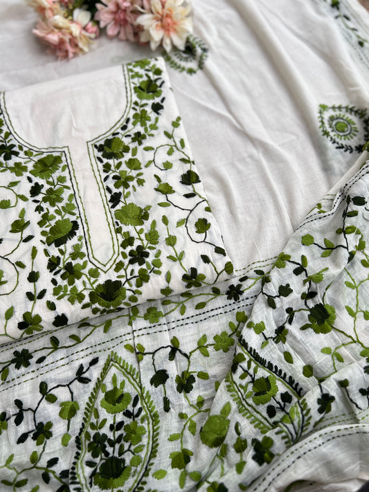 Ivory Olive Green Pure Cotton Hand-Embroidered Unstitched Dress Material