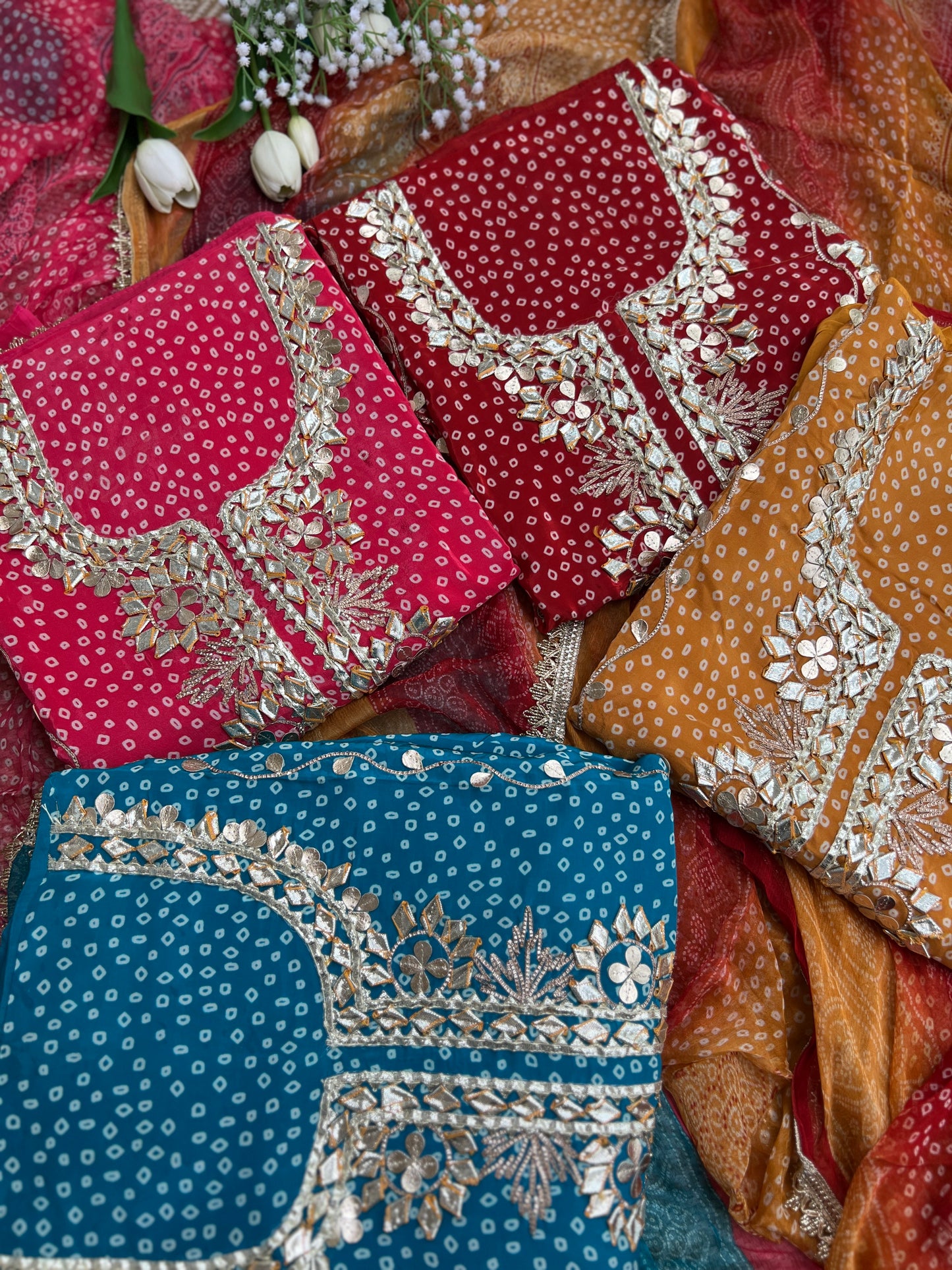 Elegant Crepe Bandhani Suit with Gotapatti Neck & Lace-Accented Chiffon Dupatta