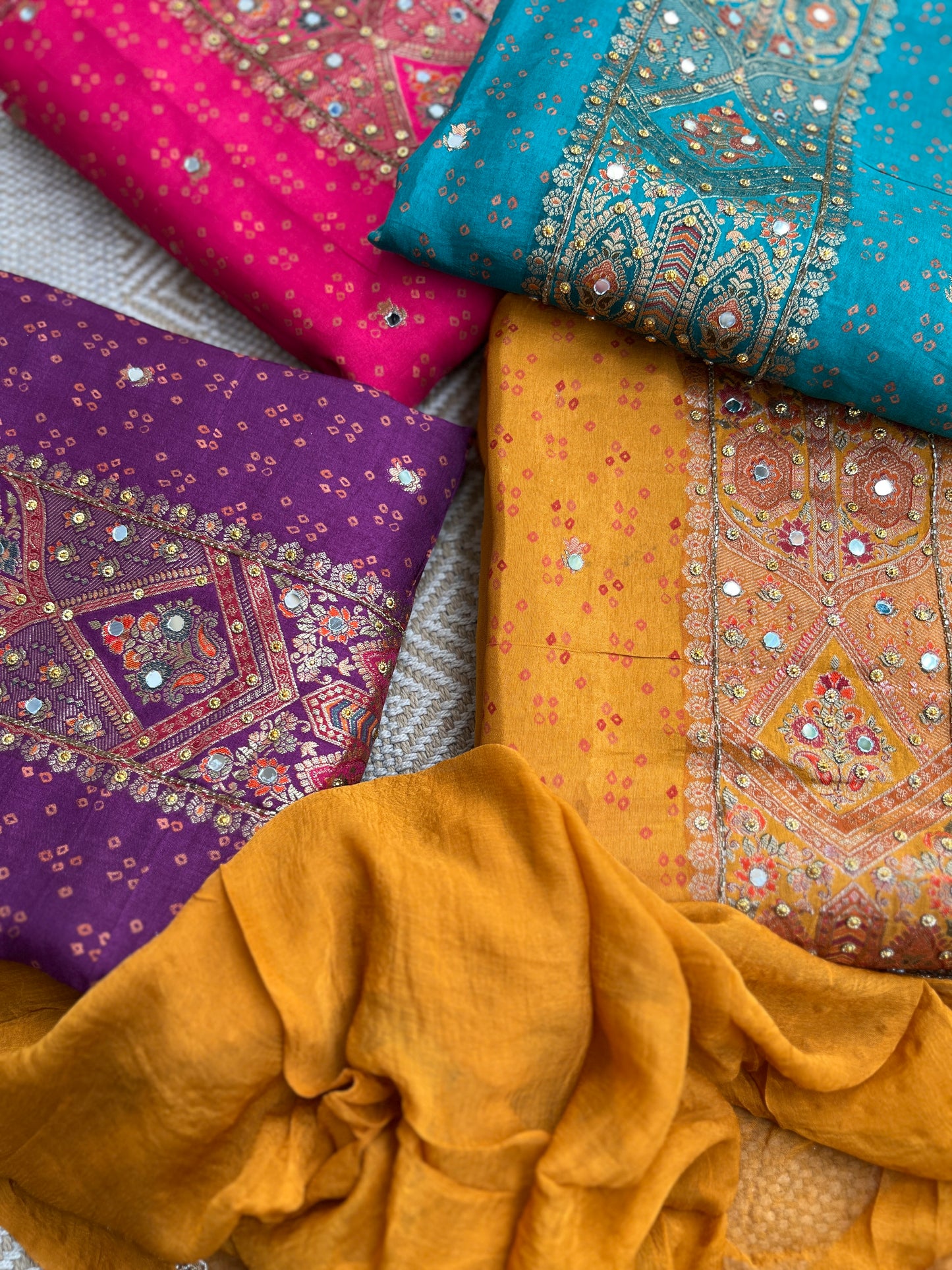 Luxurious Russia Silk Suit with Mirror Work & Chiffon Dupatta