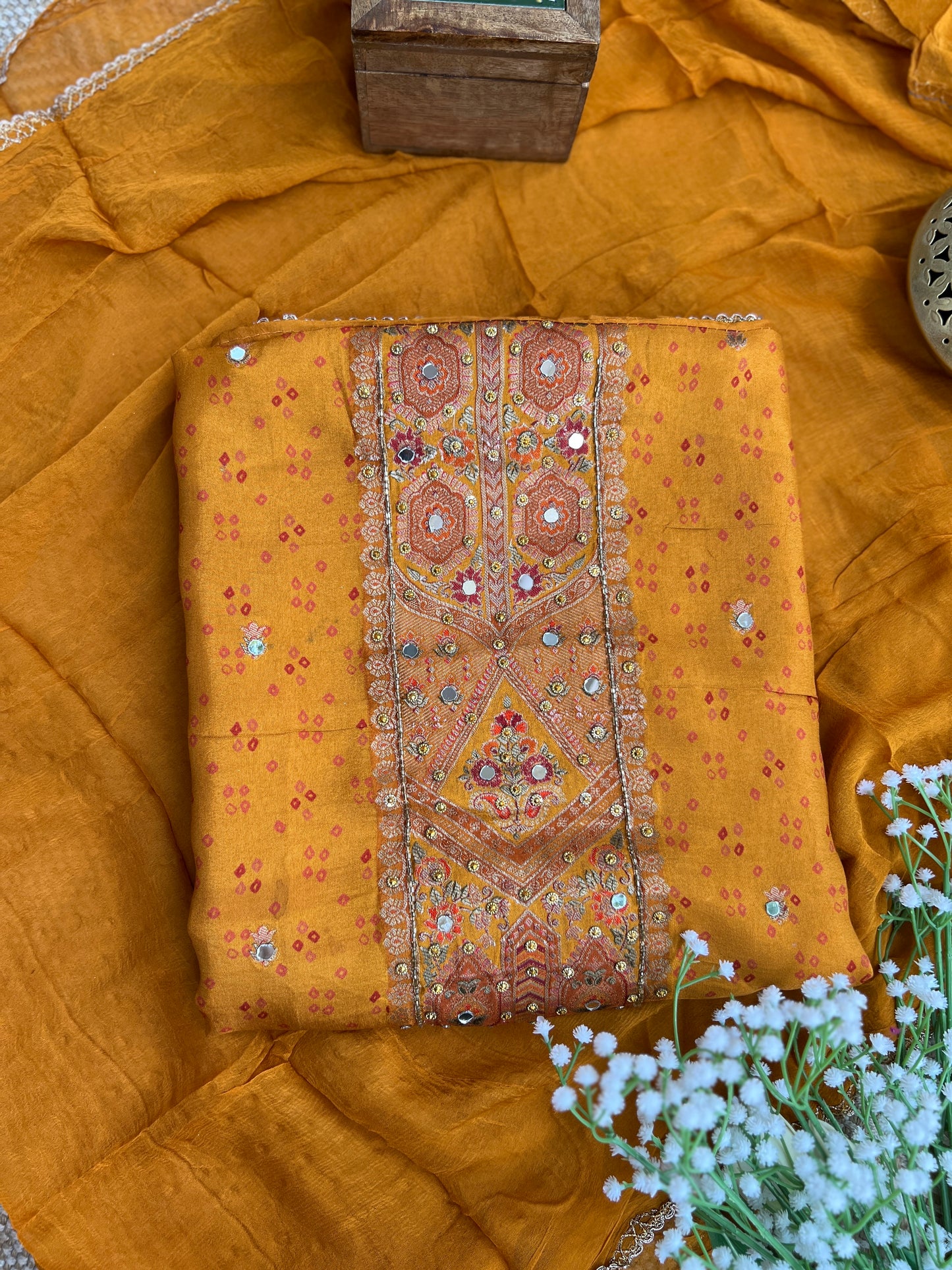 Luxurious Russia Silk Suit with Mirror Work & Chiffon Dupatta