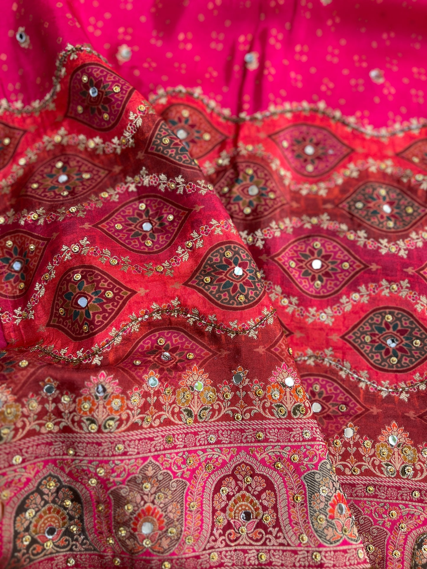 Luxurious Russia Silk Suit with Mirror Work & Chiffon Dupatta
