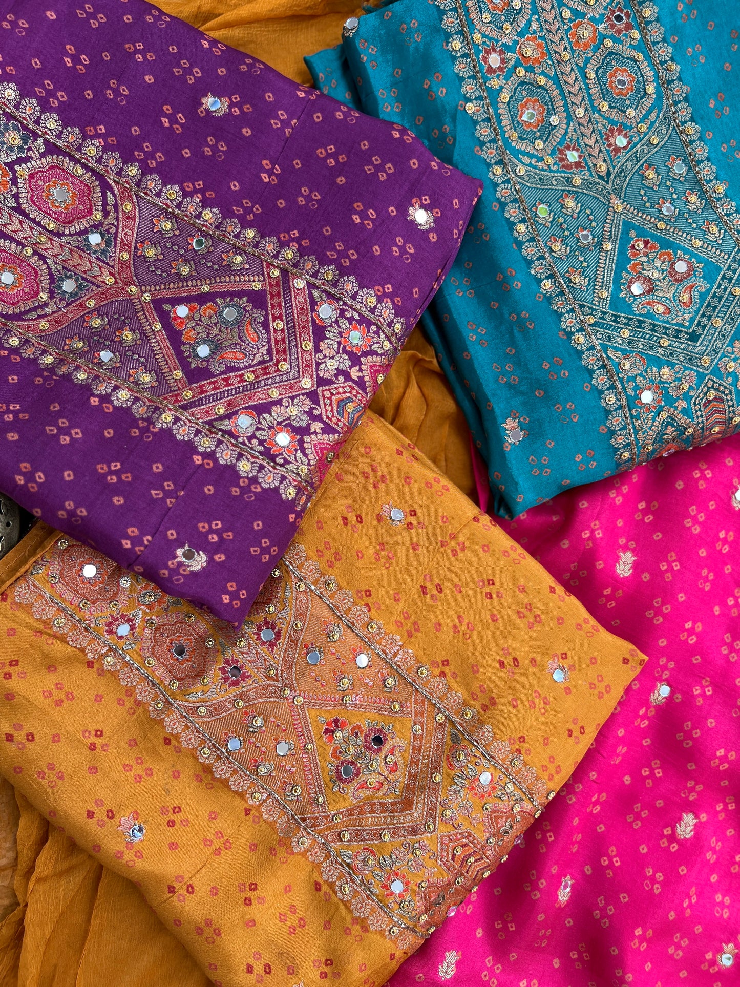 Luxurious Russia Silk Suit with Mirror Work & Chiffon Dupatta