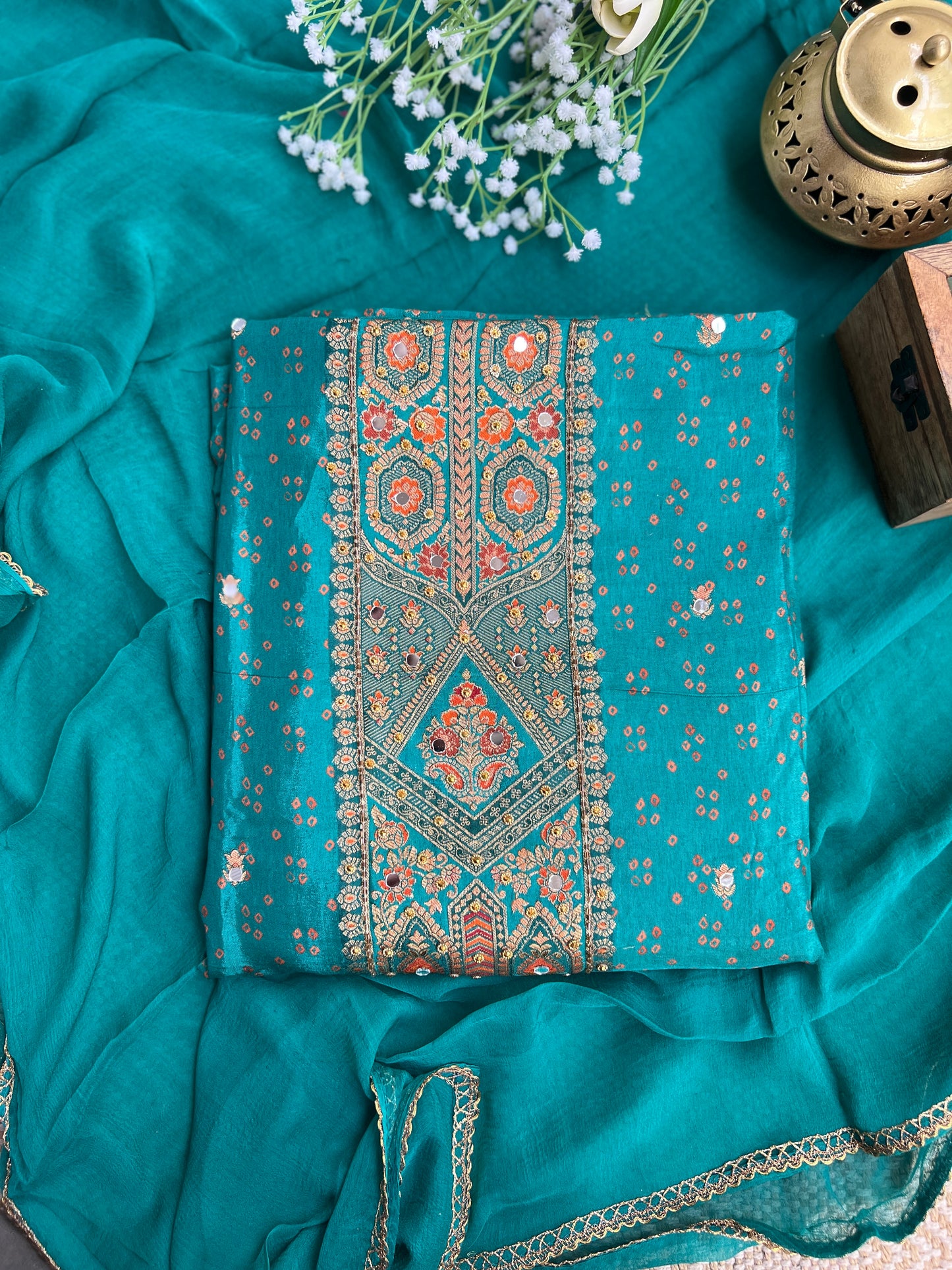 Luxurious Russia Silk Suit with Mirror Work & Chiffon Dupatta