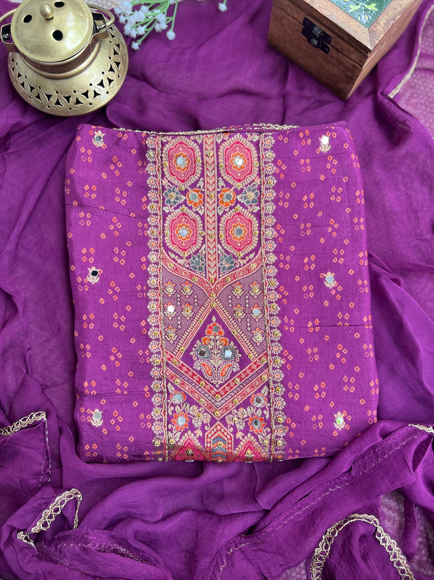 Luxurious Russia Silk Suit with Mirror Work & Chiffon Dupatta