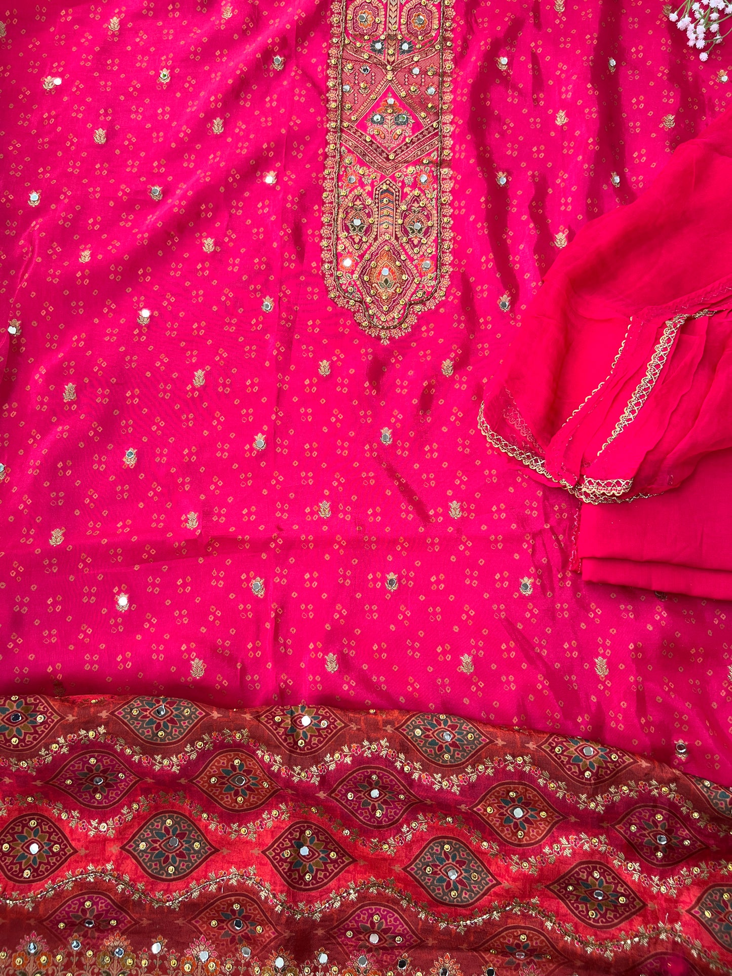 Luxurious Russia Silk Suit with Mirror Work & Chiffon Dupatta