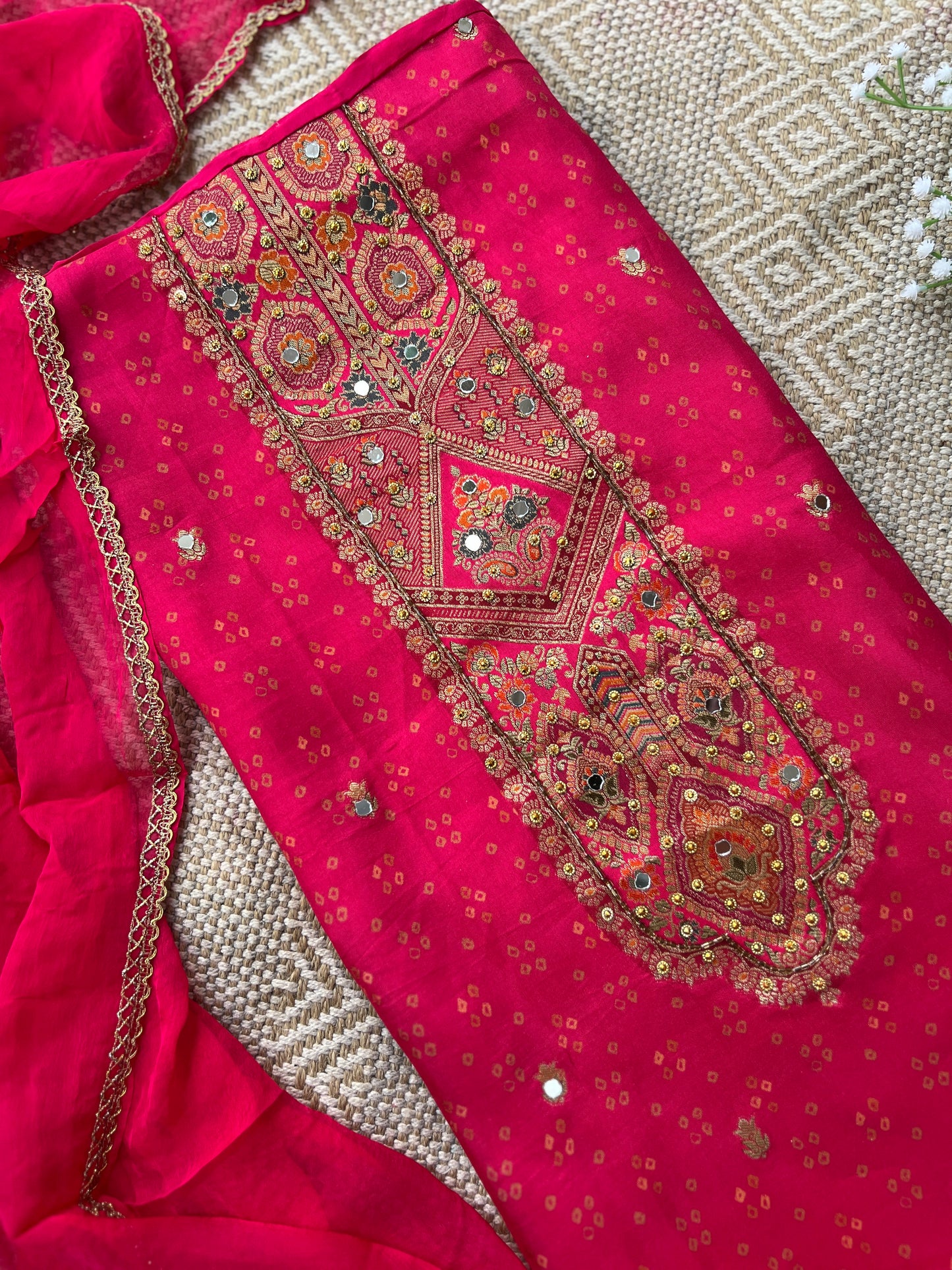 Luxurious Russia Silk Suit with Mirror Work & Chiffon Dupatta