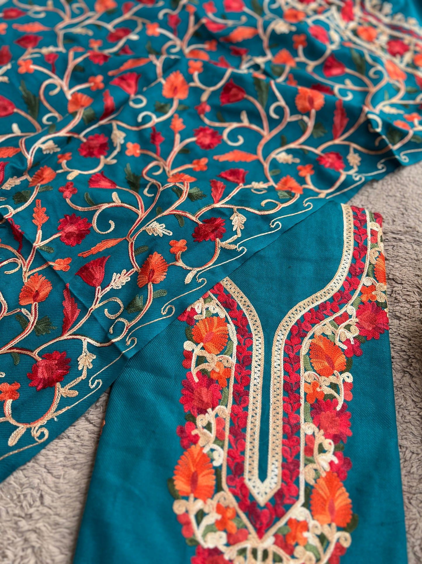 Teal Blue Kashmiri Style Woolen Embroidered Suit Set