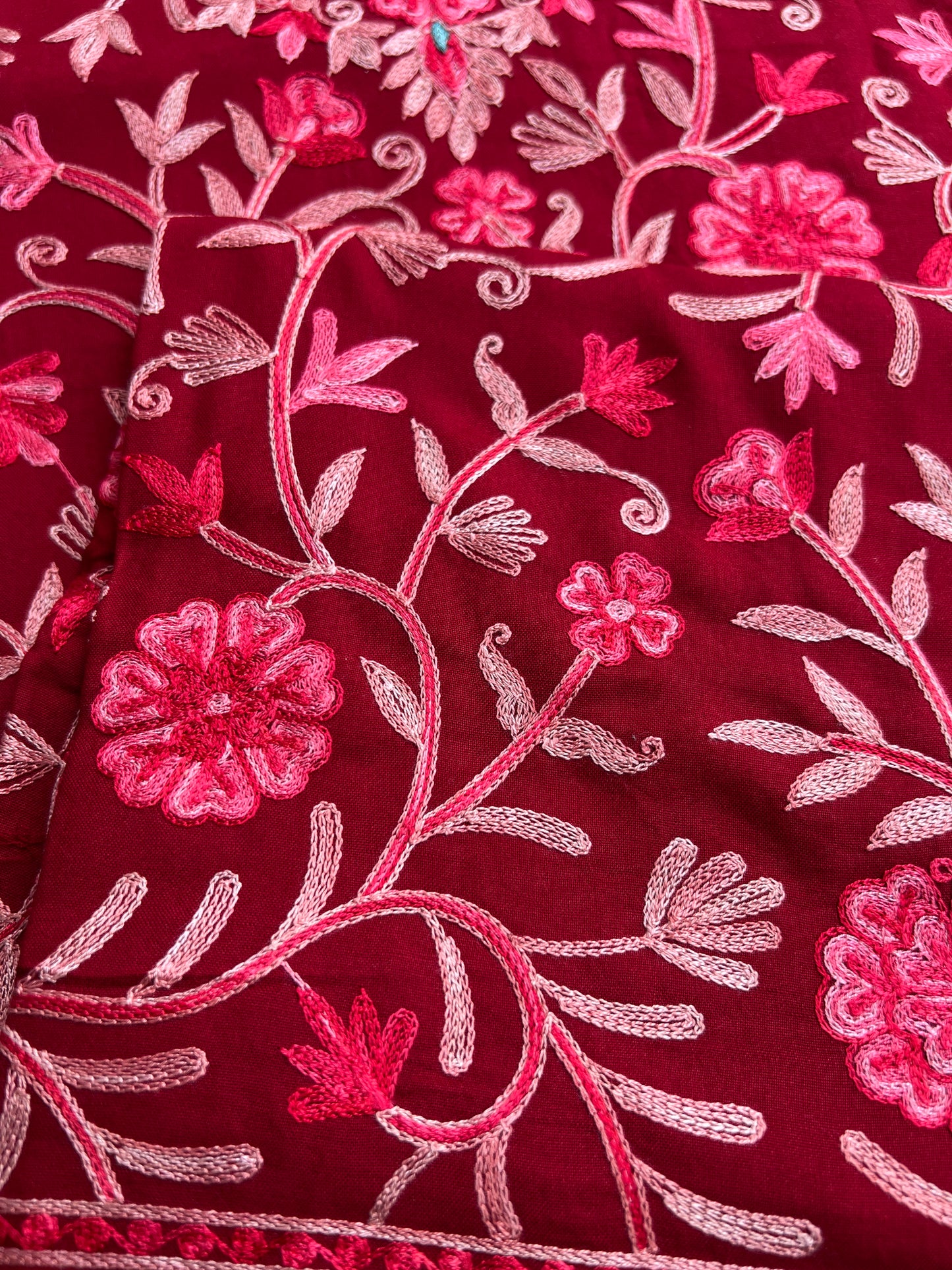 Deep Red Modal Cotton Kashmiri Embroidered Suit with Full Jaal Dupatta