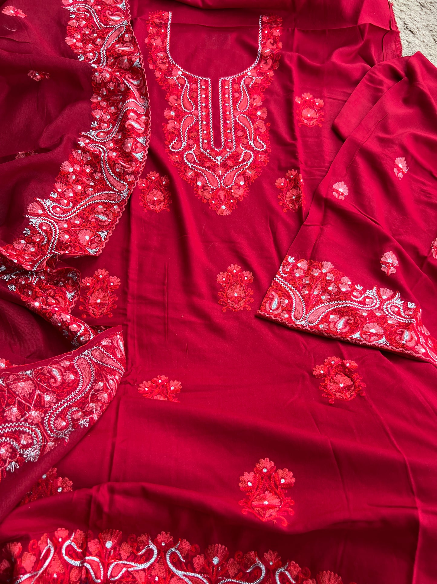 Classic Red Kashmiri Embroidered Modal Cotton Suit Set