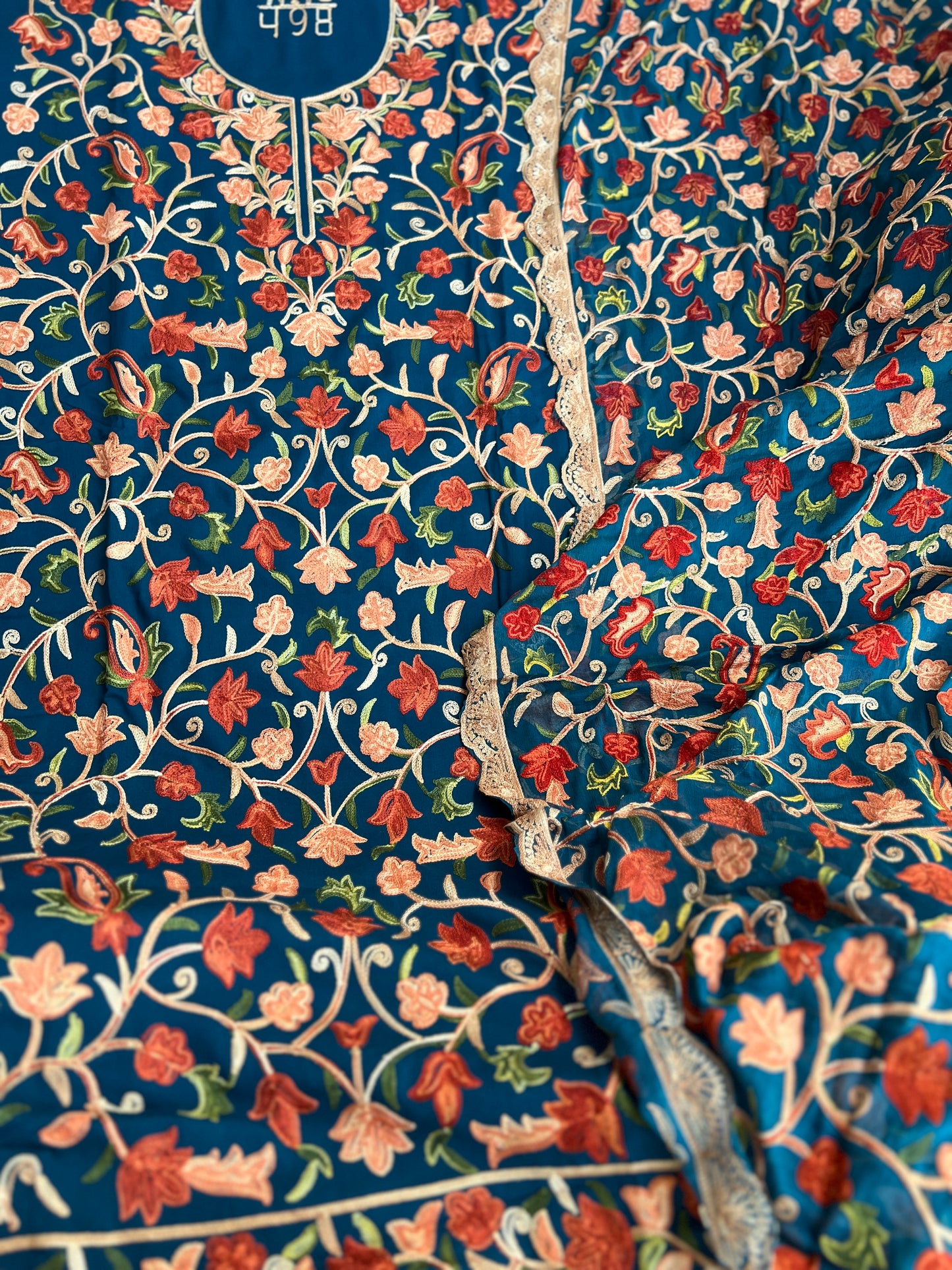 Teal Serenity Kashmiri Jaal Suit with Chiffon Embroidered Dupatta