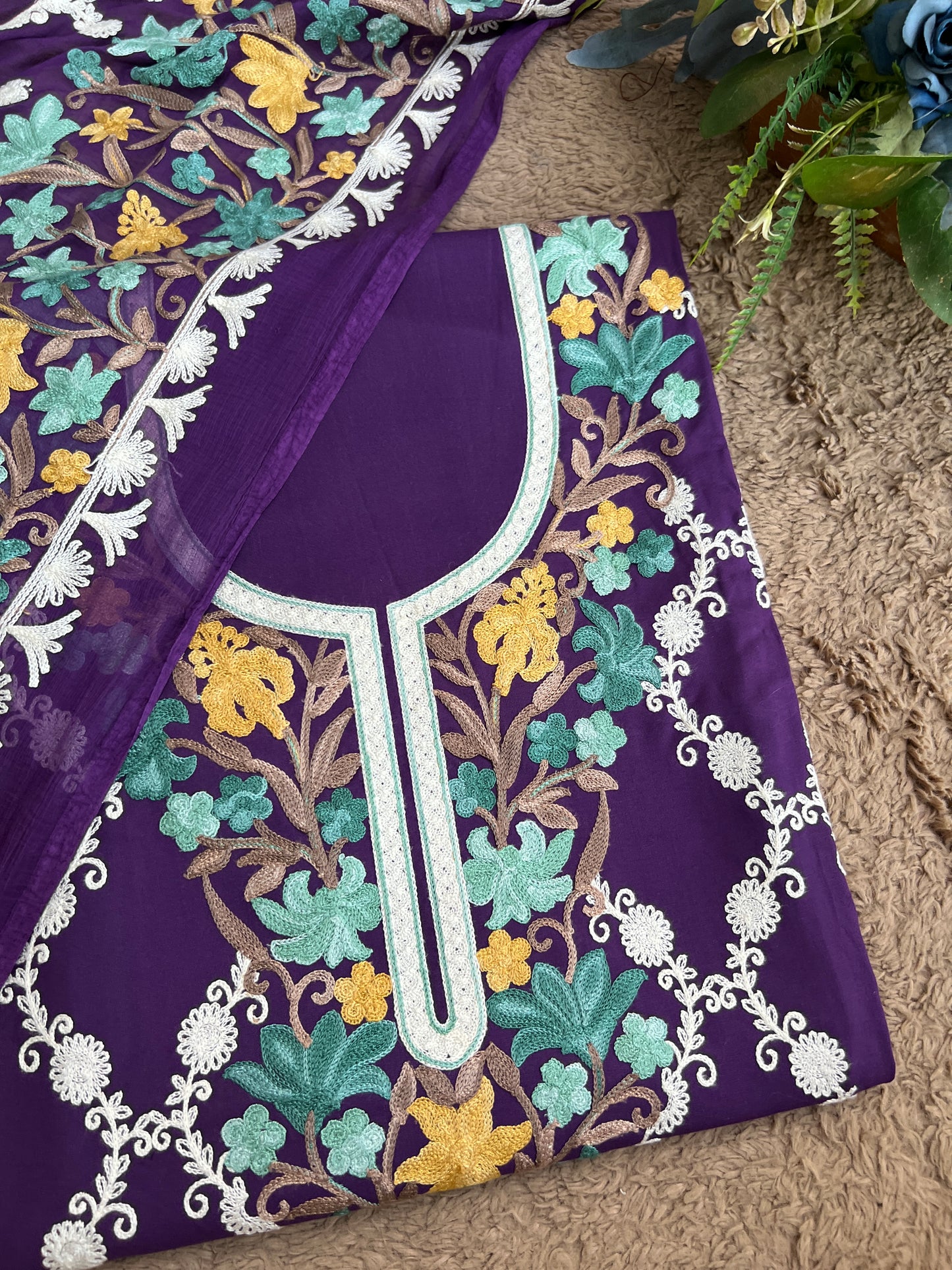 Kashmiri Multithread Embroidered Modal Cotton Suit with Chiffon Jaal Dupatta