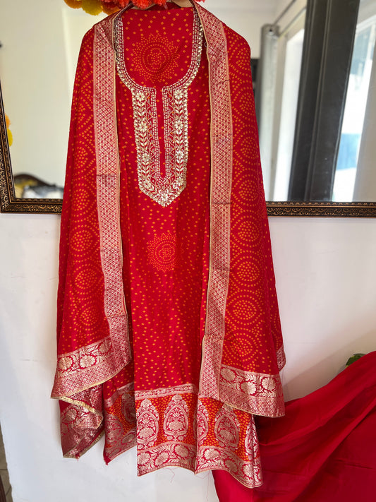 Ruby Red Bandhani Gota Patti Suit