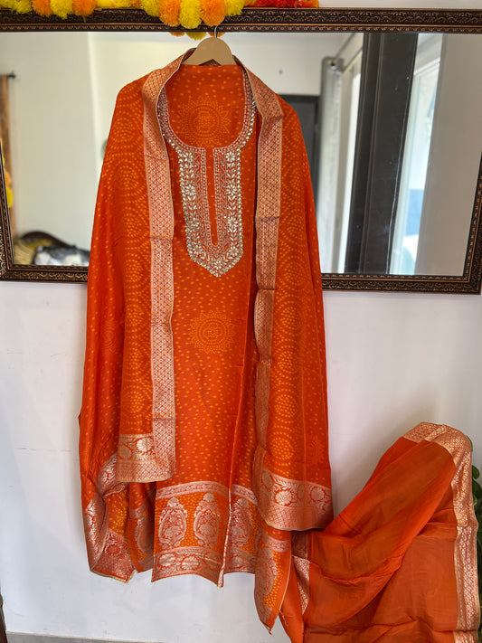 Festive Orange Bandhani Gota Patti Suit