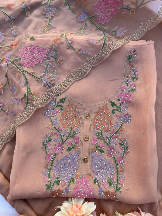 Pastel Peach Embroidered Organza Suit