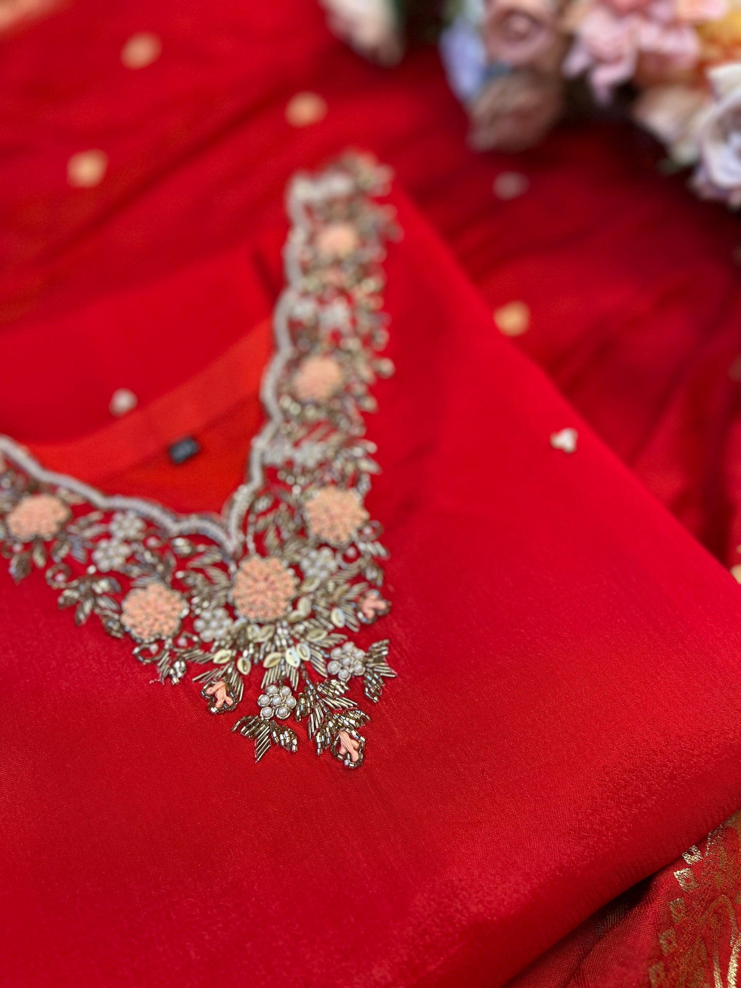 Red Chinnon Suit with Handwork & Silk Banarasi Dupatta