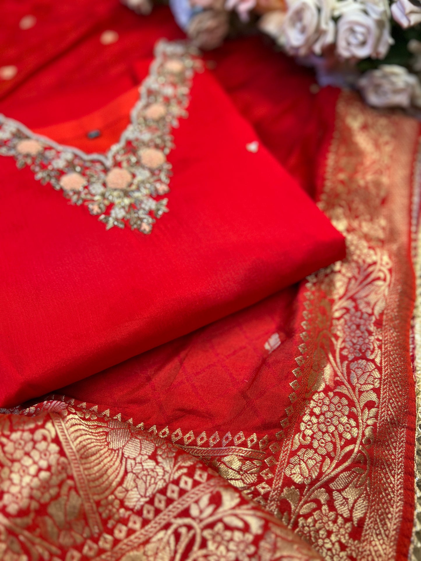 Red Chinnon Suit with Handwork & Silk Banarasi Dupatta