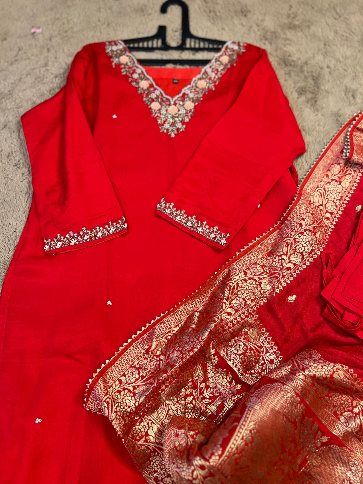 Red Chinnon Suit with Handwork & Silk Banarasi Dupatta