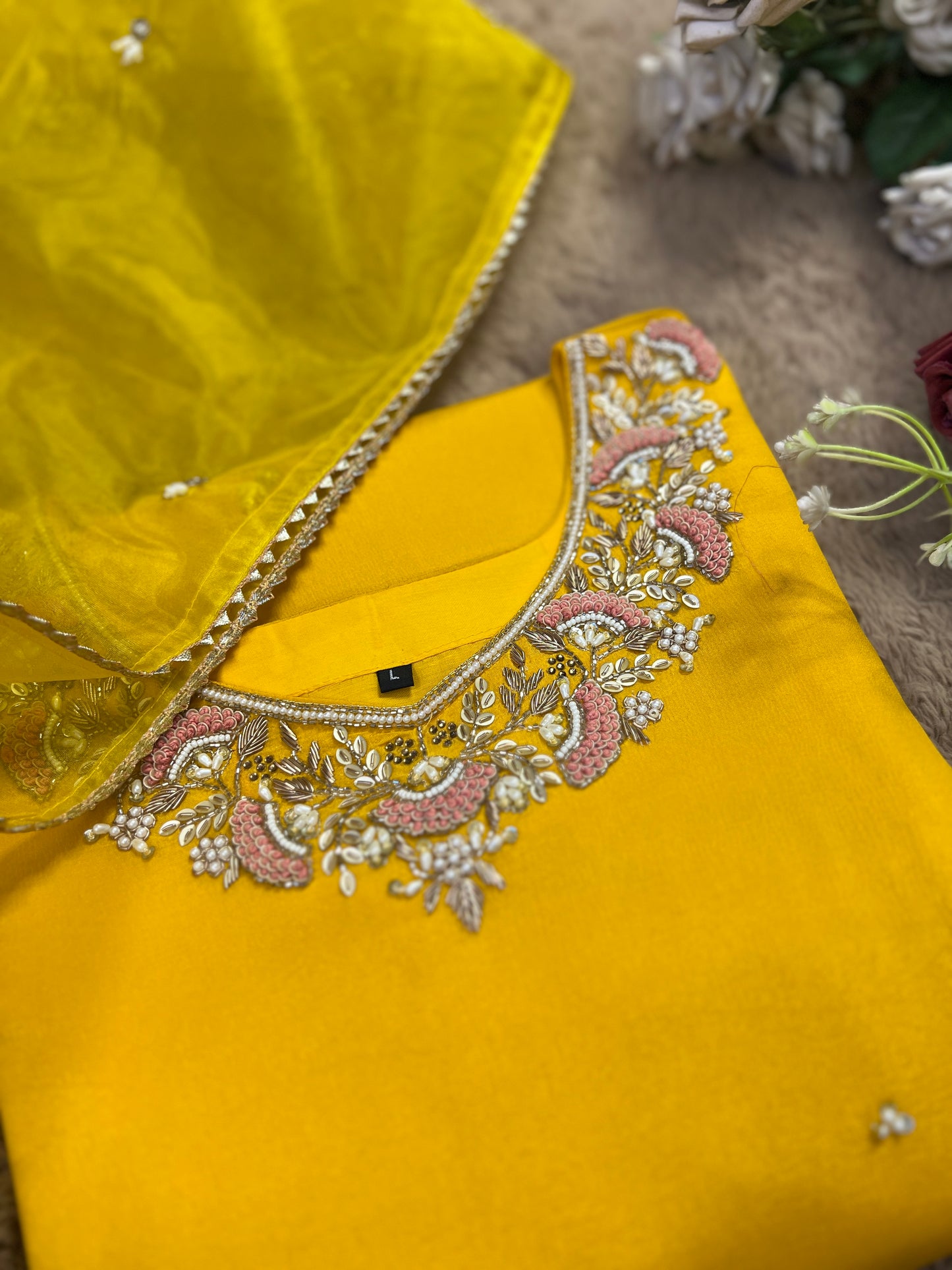 Mustard Yellow Chinnon Handwork Ready to wear Suit