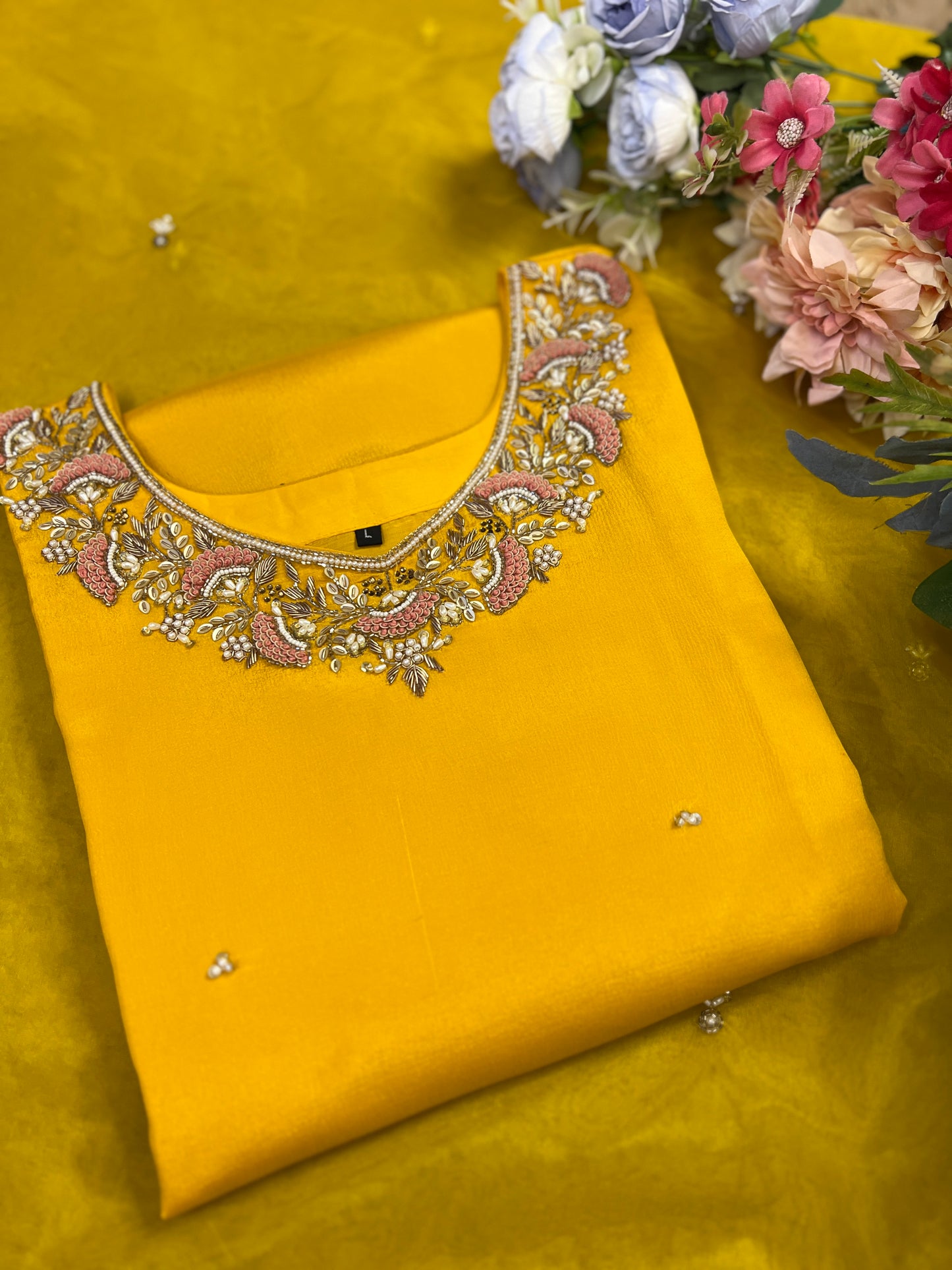 Mustard Yellow Chinnon Handwork Ready to wear Suit