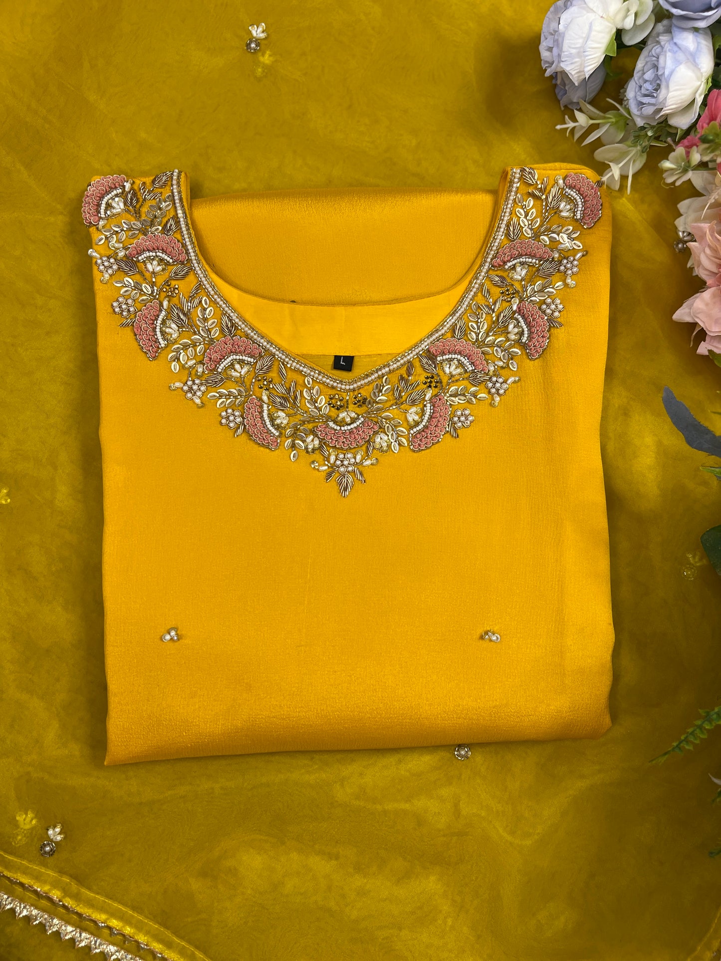 Mustard Yellow Chinnon Handwork Ready to wear Suit