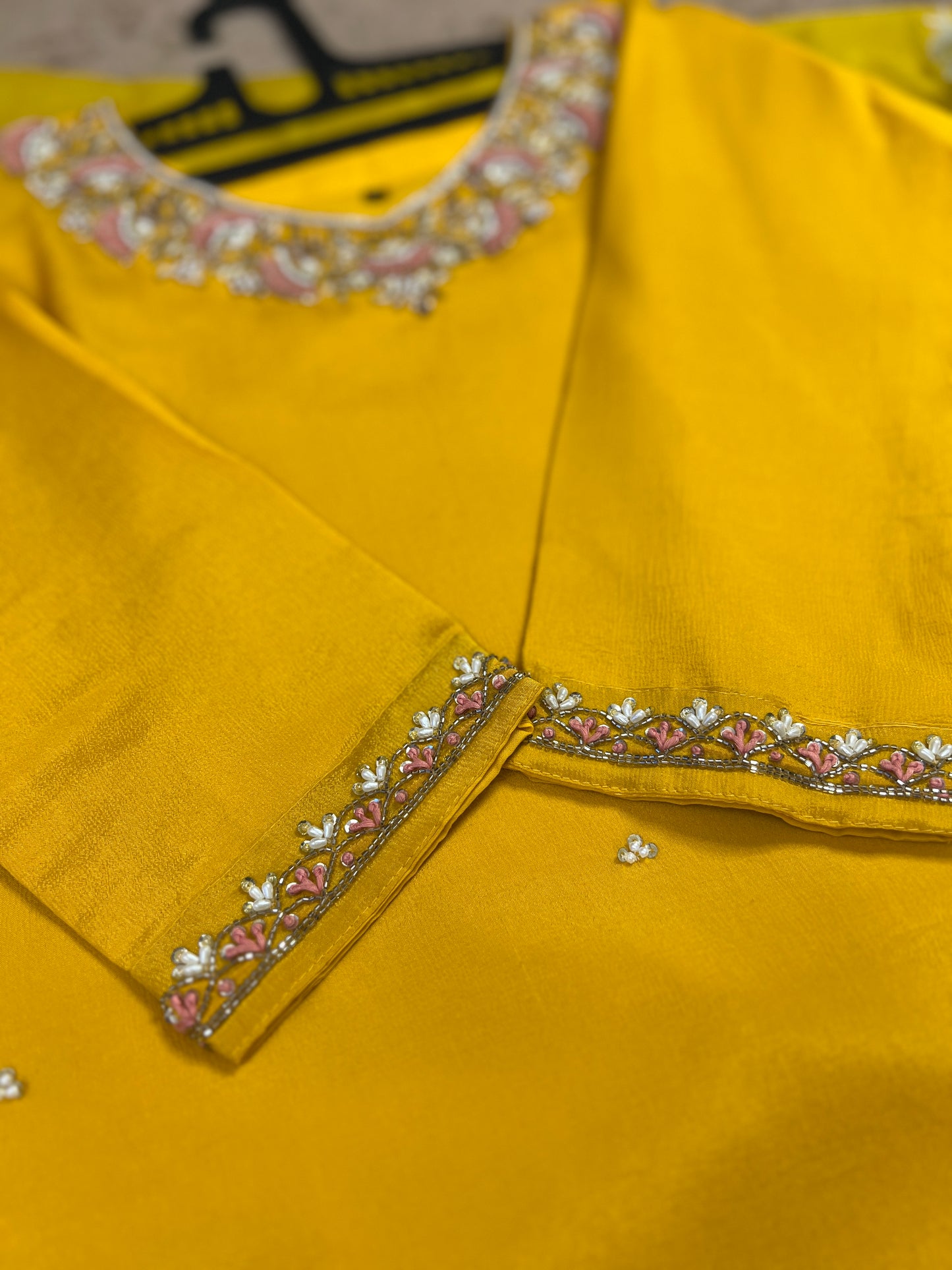 Mustard Yellow Chinnon Handwork Ready to wear Suit