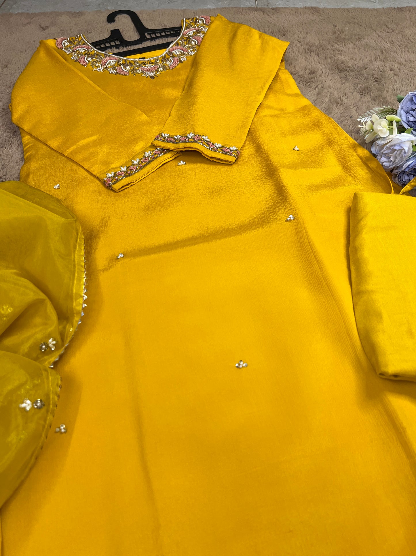 Mustard Yellow Chinnon Handwork Ready to wear Suit
