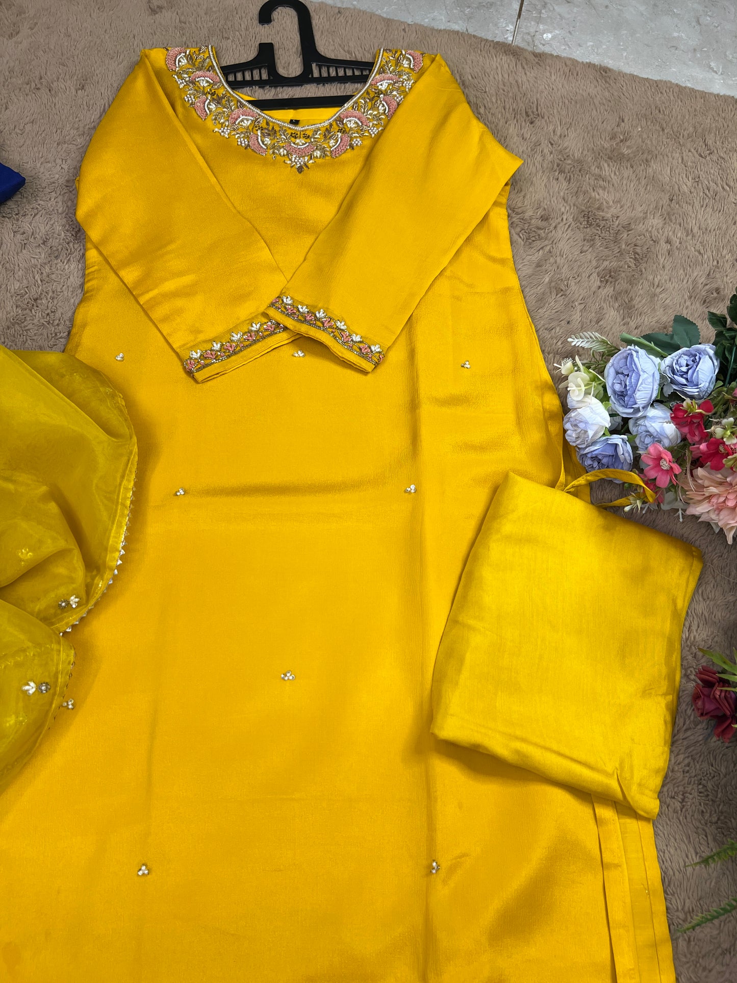 Mustard Yellow Chinnon Handwork Ready to wear Suit