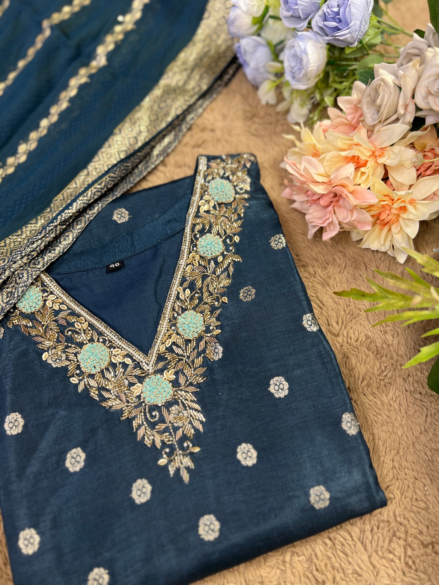 Teal Blue Banarasi Silk Suit with Handwork & Banarasi Dupatta