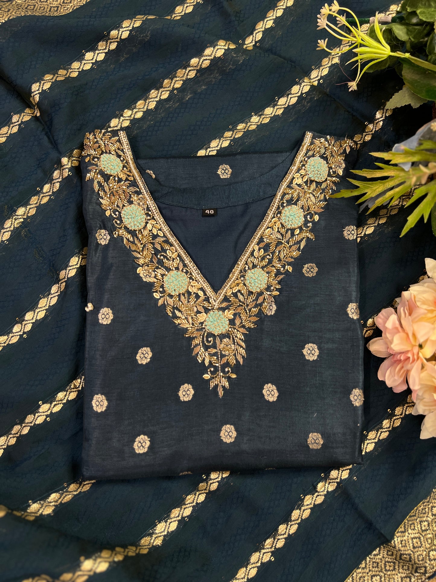 Teal Blue Banarasi Silk Suit with Handwork & Banarasi Dupatta