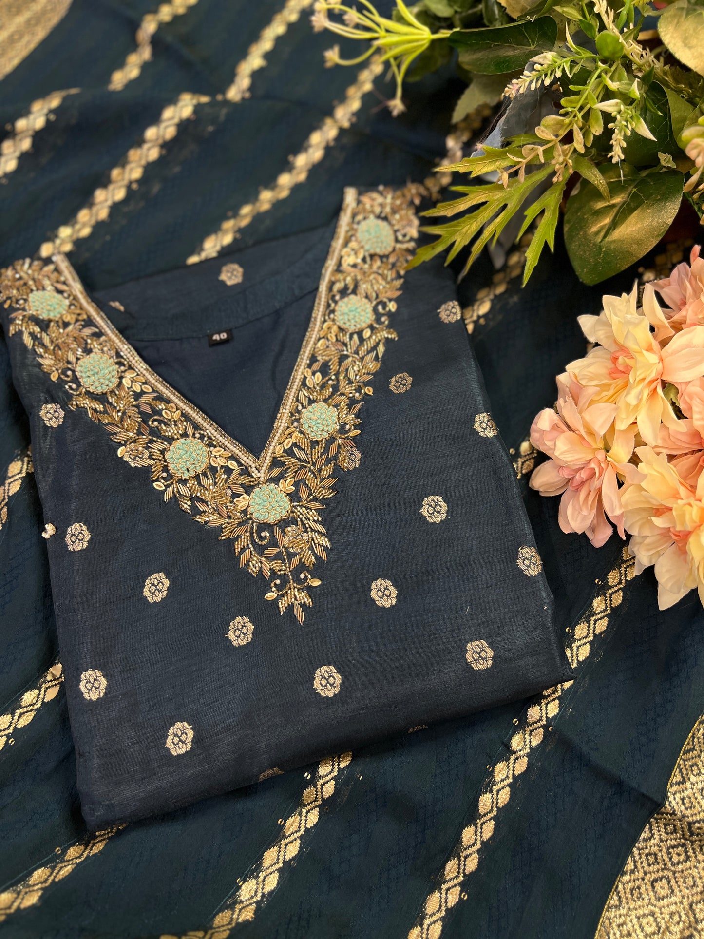 Teal Blue Banarasi Silk Suit with Handwork & Banarasi Dupatta