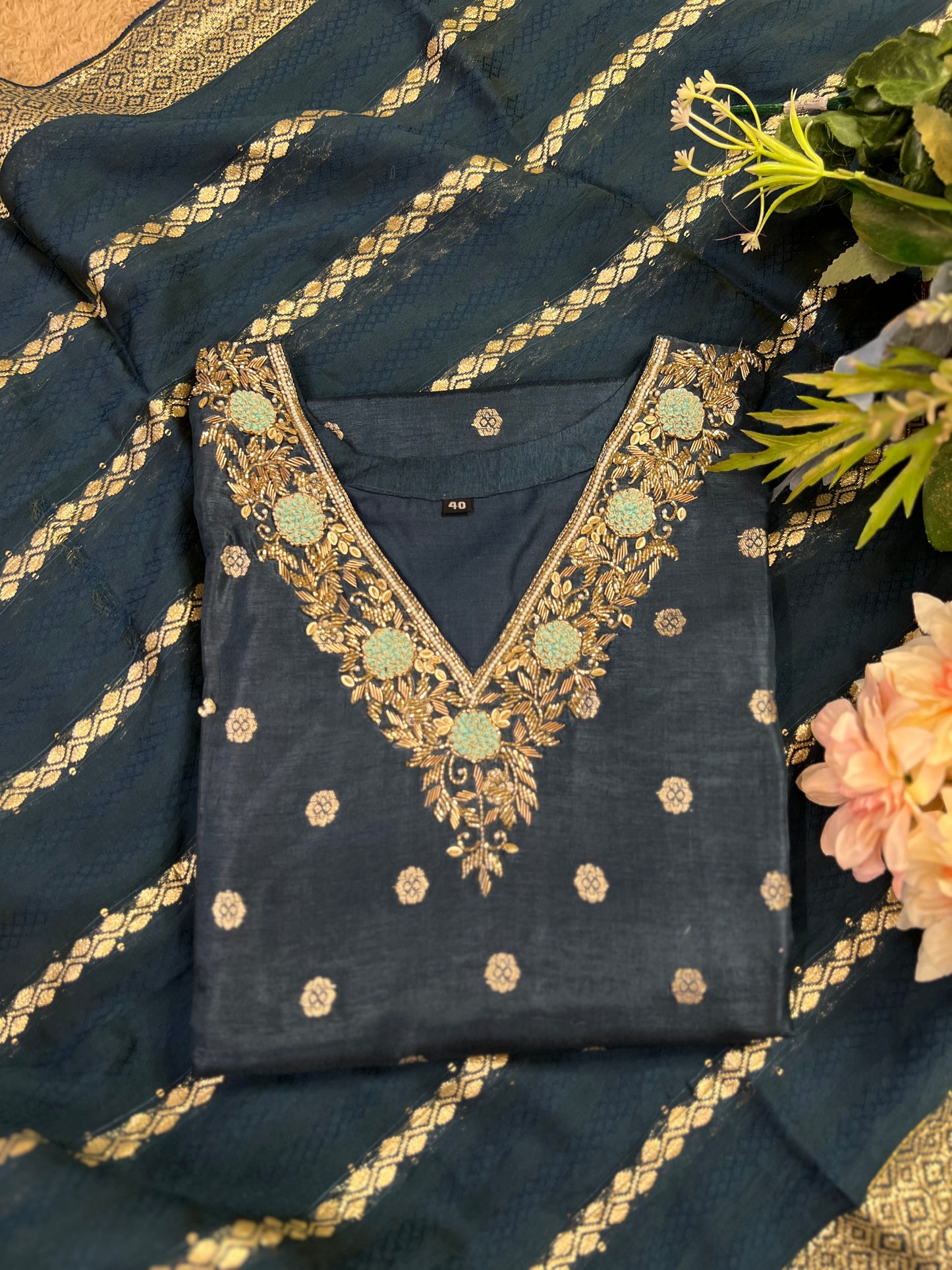 Teal Blue Banarasi Silk Suit with Handwork & Banarasi Dupatta