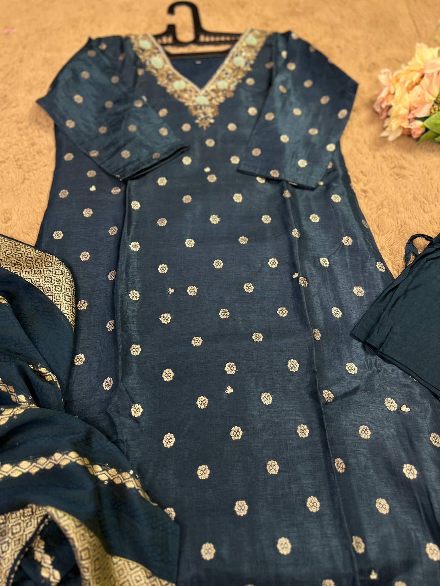 Teal Blue Banarasi Silk Suit with Handwork & Banarasi Dupatta